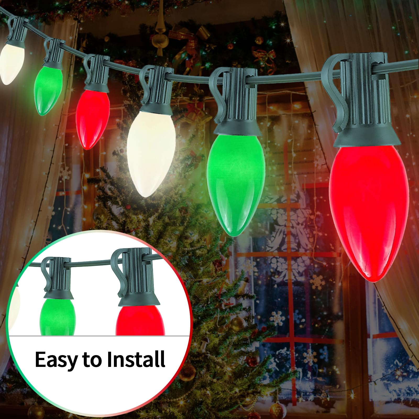 Chyparty 25Ft C7 Christmas Lights Outdoor  Red Green White 3-Color Led String Lights For Roof  Fence  Tree  Wedding  Party  Patio  Bright Holiday Decor