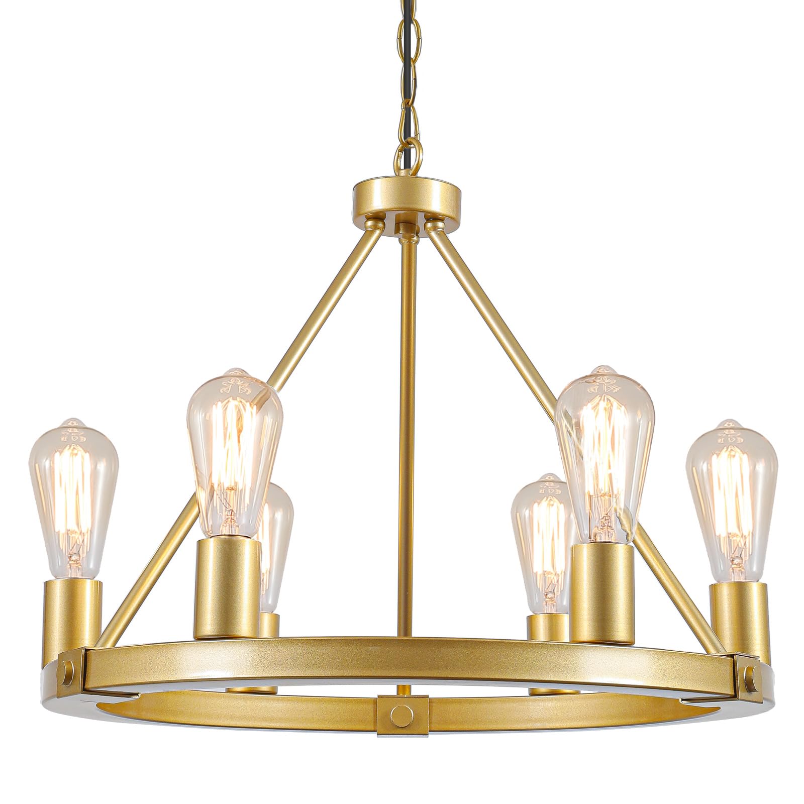 9Mmml Gold Wagon Wheel Chandelier, 6-Light Industrial Pendant Light, 20'' Farmhouse Ceiling Hanging Chandelier Light Fixture For
