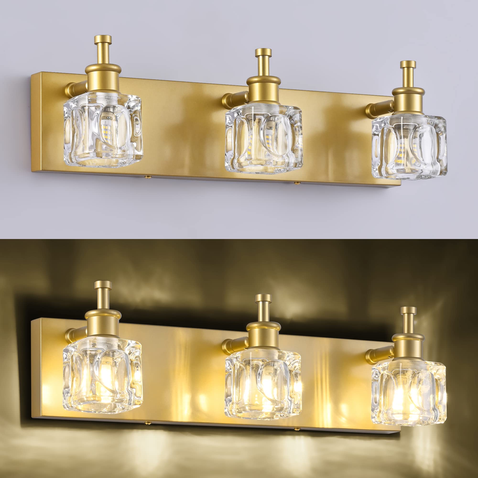 Presde 3-Light Bathroom Vanity Lights, Modern Crystal Gold Fixtures, Gloss Gold Finish, Excludes Bulbs