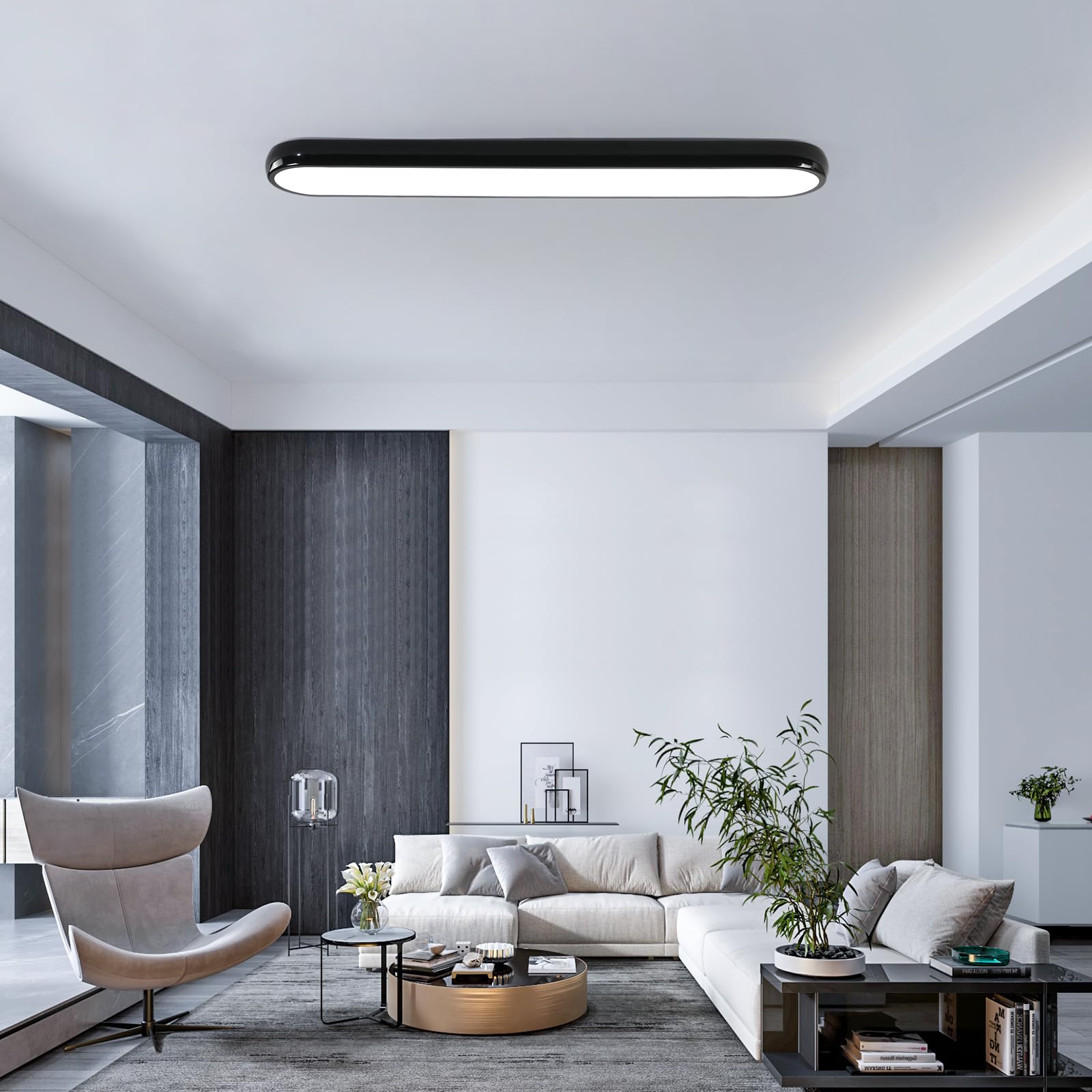 Qcyuui Modern Led Ceiling Light Dimmable Semi Flush Mount Ceiling Light 39.4 In Long Ceiling Light Fixture Kitchen Lighting Fixtures Ceiling For Office Bedroom Hallway(Black/48W/3000-6500K)