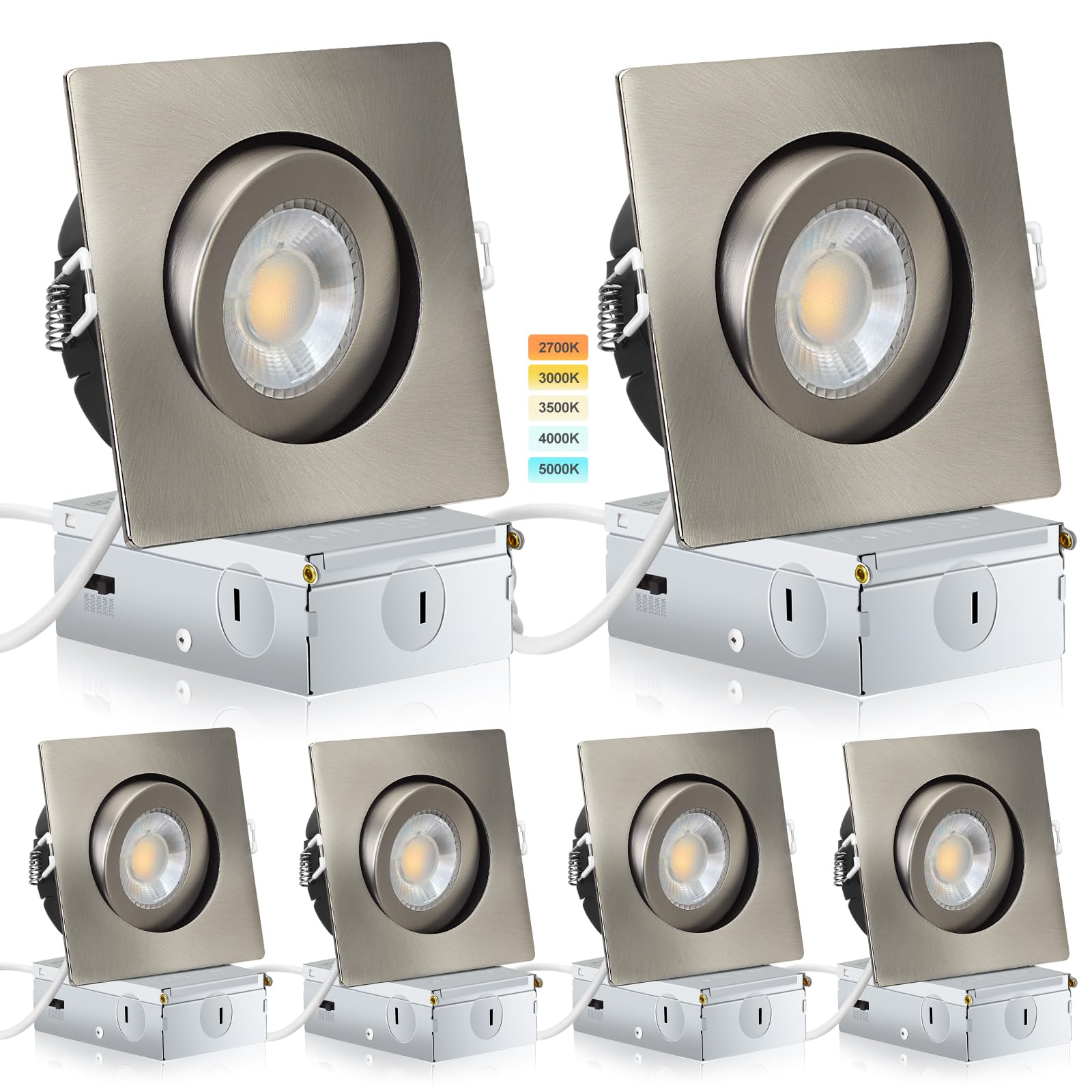 KnLnny Ware Brushed Nickel Square Recessed Lights, Dimmable, 9W 750LM, 5CCT Selectable, 4 Inch, 6 Pack