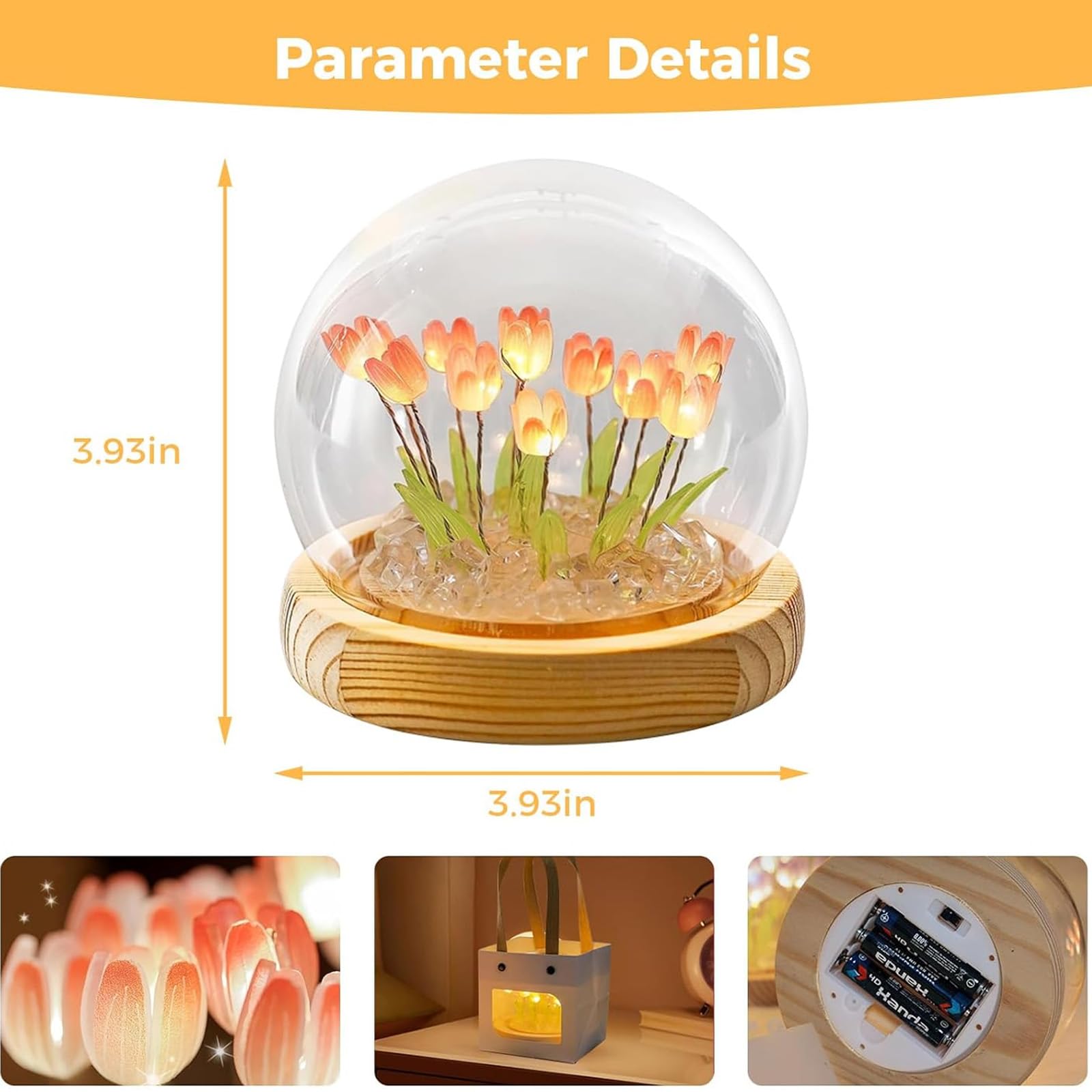 GUIGUZHJ Tulip Night Light - Pink Battery-Powered Flower Lamp with Glass Shade & Wooden Base - Ideal Gift for Women