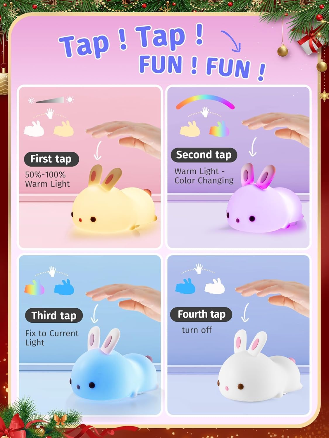 Mubarek Bunny Night Light, Dimmable Silicone, 16 Colors, Tap Control, Rechargeable, White, Basic Size