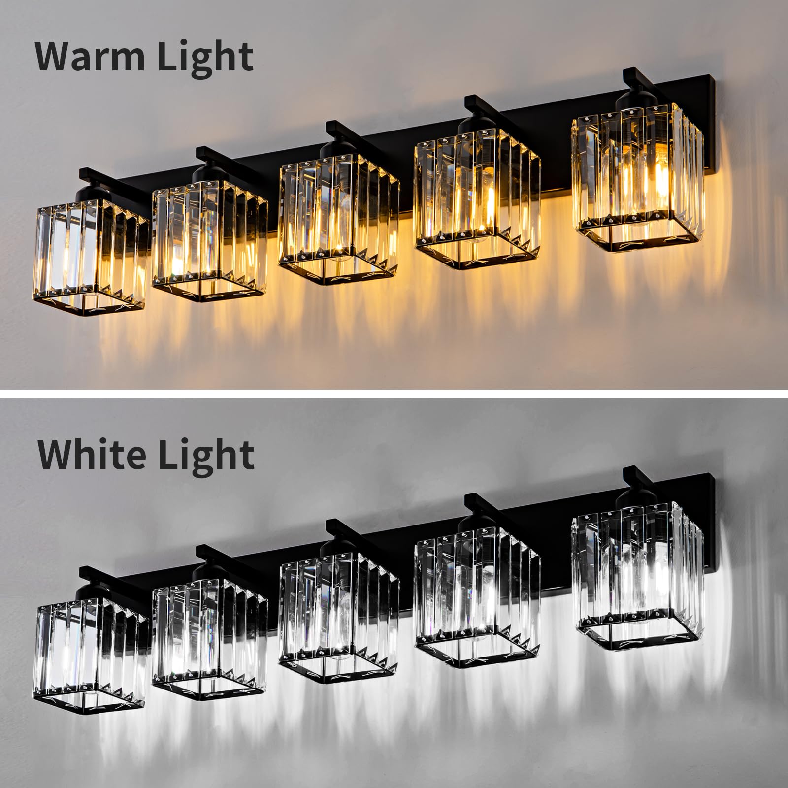 Aixialin 5-Light Black Crystal Bathroom Vanity Light Fixtures, Modern Metal Wall Lighting Over Mirror, Model 600-100-1014