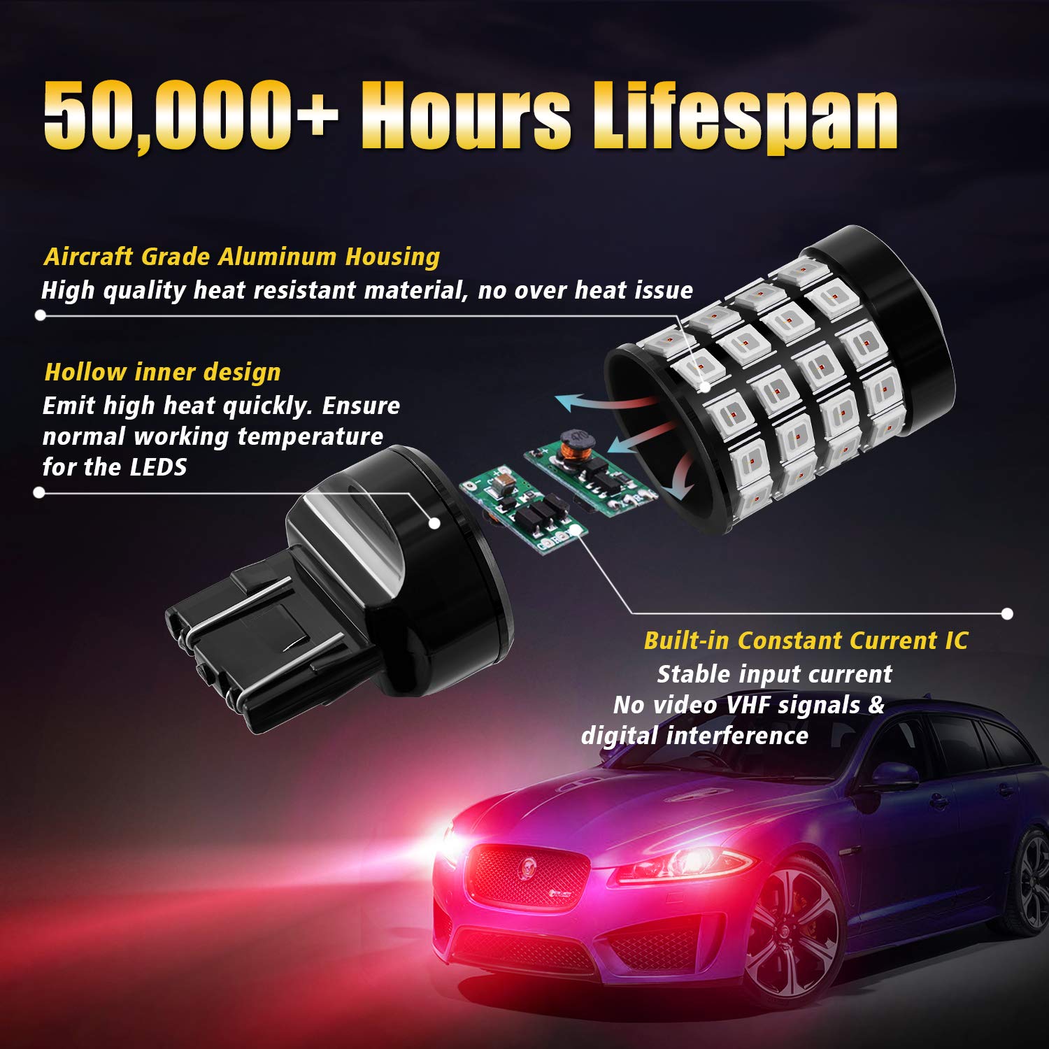 BRISHINE LED Brake Light Bulbs, 7443/7440/7444, Super Bright 52-SMD, Brilliant Pure Red, Model SHINE-FLA7443R-2P