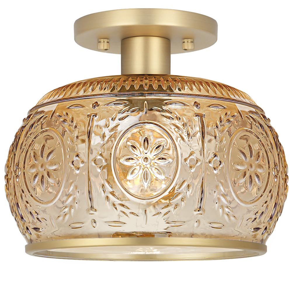 Oiyio Brushed Brass Semi Flush Mount Ceiling Light With Amber Globe Glass Shade  Modern Hallway Lighting Fixtures  Vintage Ceiling Light For Kitchen  Bedroom  Closet  Entryway  Porch