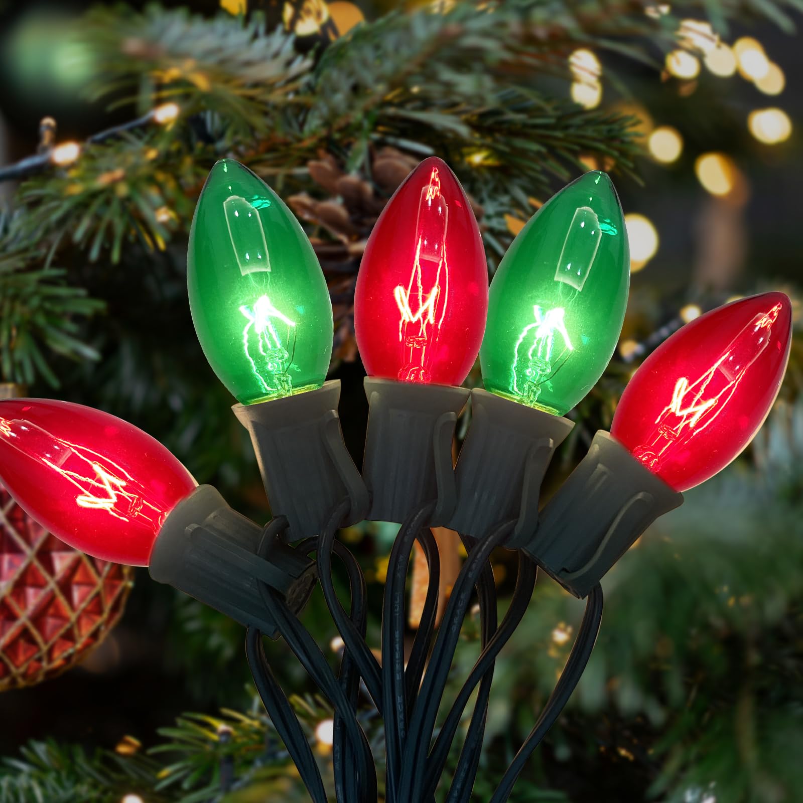 C9 Christmas Lights Outdoor, 25Ft Red and Green Vintage Christmas String Lights with 26 C9 Clear Red/Green Bulbs, Outdoor Hangin