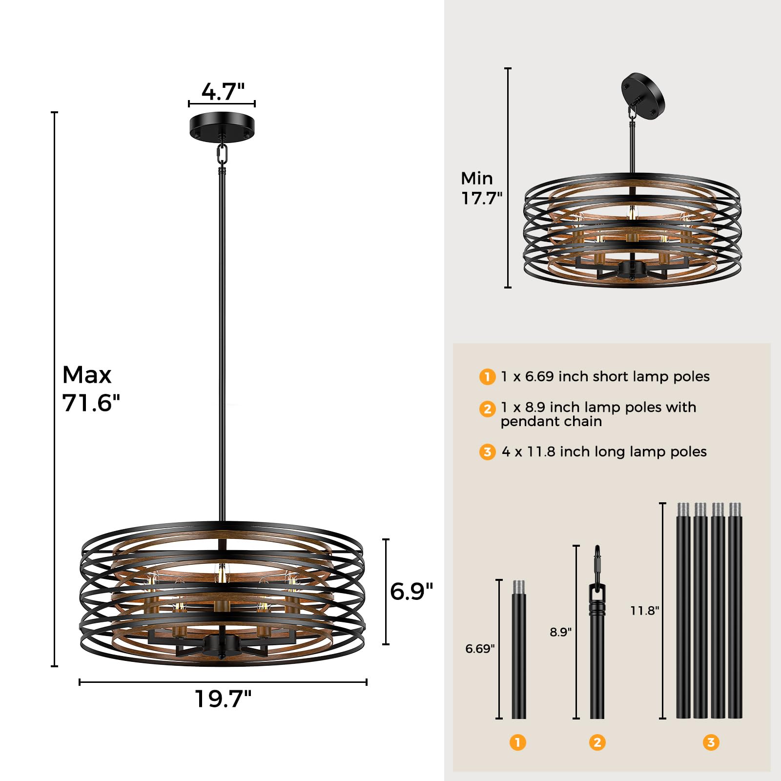 20 Inch Black Chandelier, 5-Light Farmhouse Chandelier For Dining Room Lighting Fixtures Hanging, Dining Light Fixtures Industri
