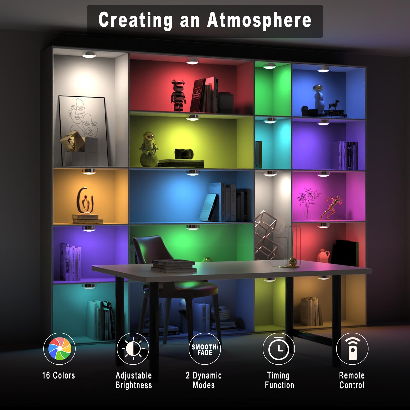 Helplex Led Puck Lights With Remote, Battery Powered Push Lights, Dimmable Under Cabinet Lighting, Wireless Under Counter Lights