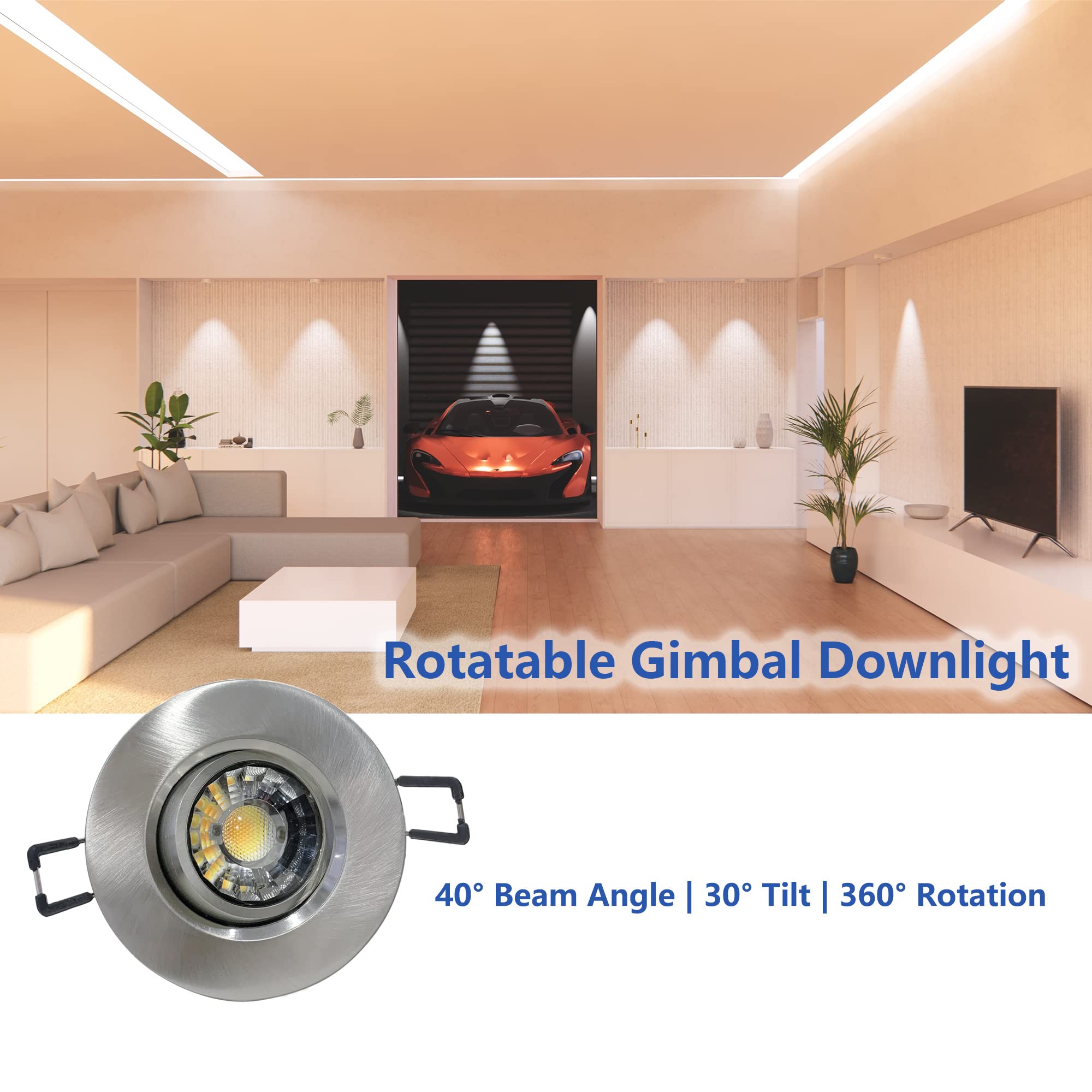 POPANU Canless Recessed Gimbal Downlight, Dimmable 8W, 5 CCT, 3 Inch, Brushed Nickel, Model cfb6242f-f36