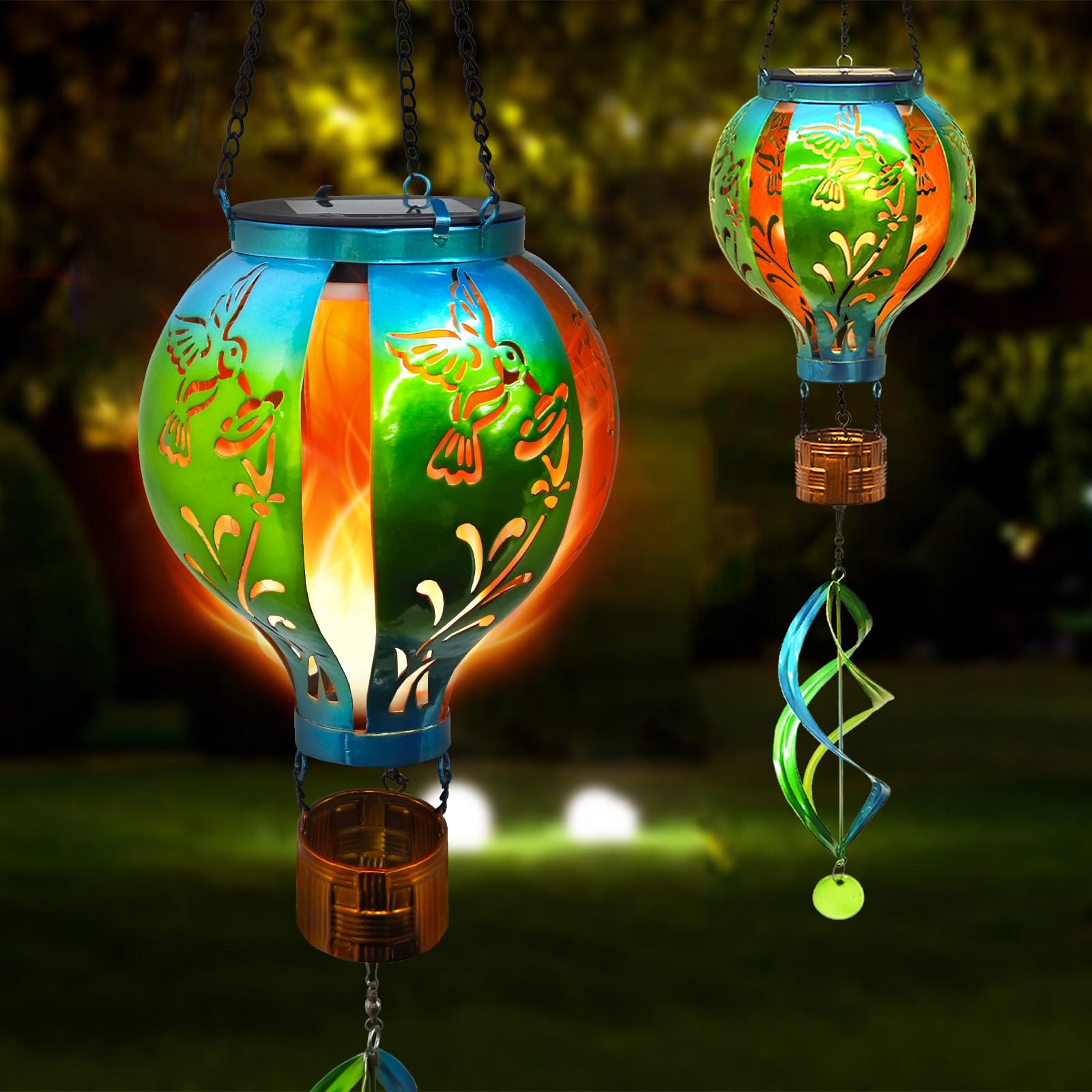 Hot Air Balloon Solar Lantern Hummingbird Wind Spinners With Flickering Flame Light Hanging Solar Lantern Outdoor Waterproof Dec