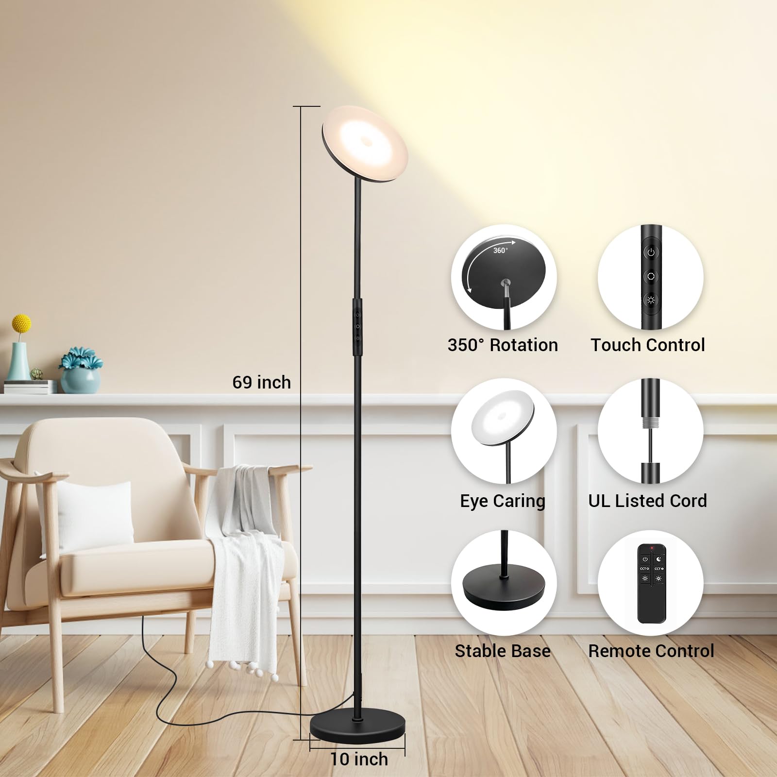 Marctronic 36W Led Torchiere Floor Lamp - Bright Dimmable Modern Lamp With Remote & Touch Control