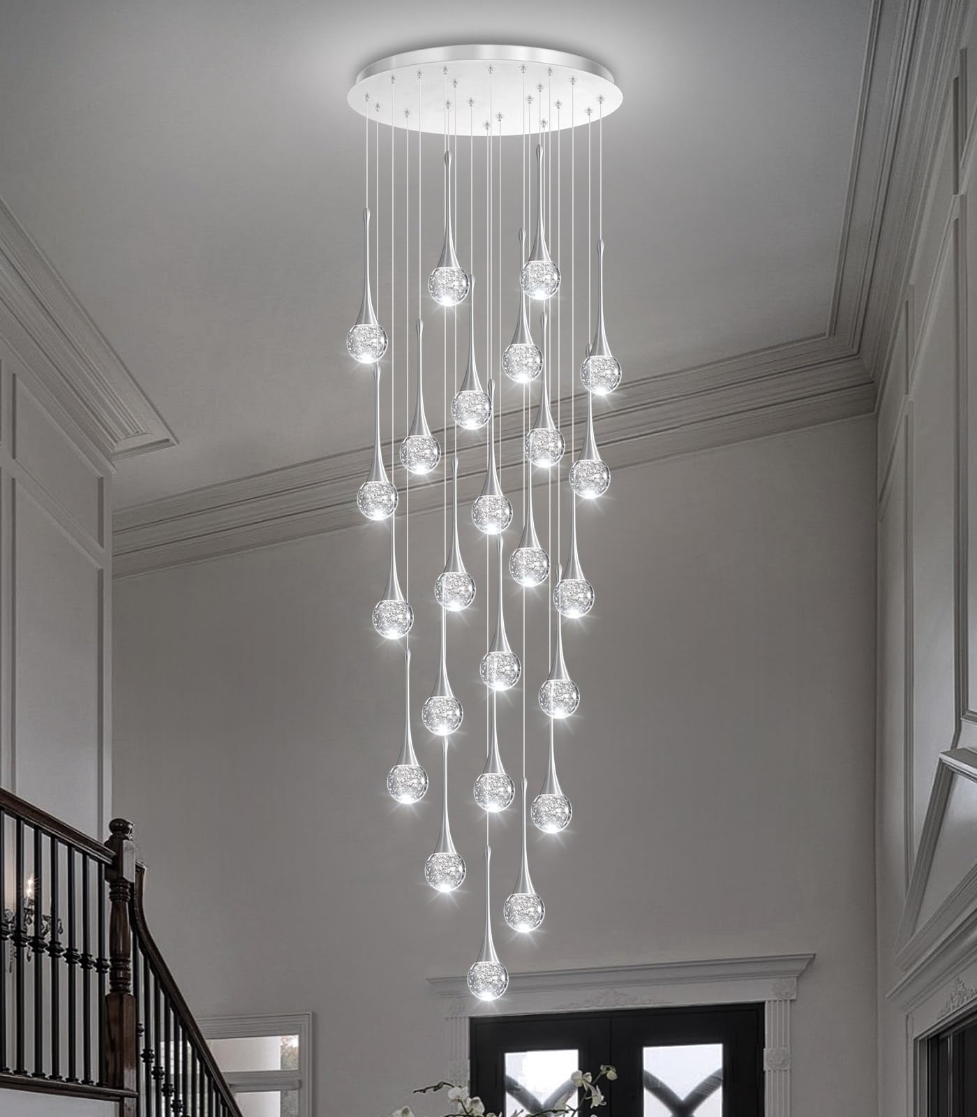 24 Light Modern Glam Crystal Chandelier For High Ceiling Led Dimmable Ceiling Pendant Light Staircase Foyer Enterway Living Room Chandelier Lighting Antique Silver