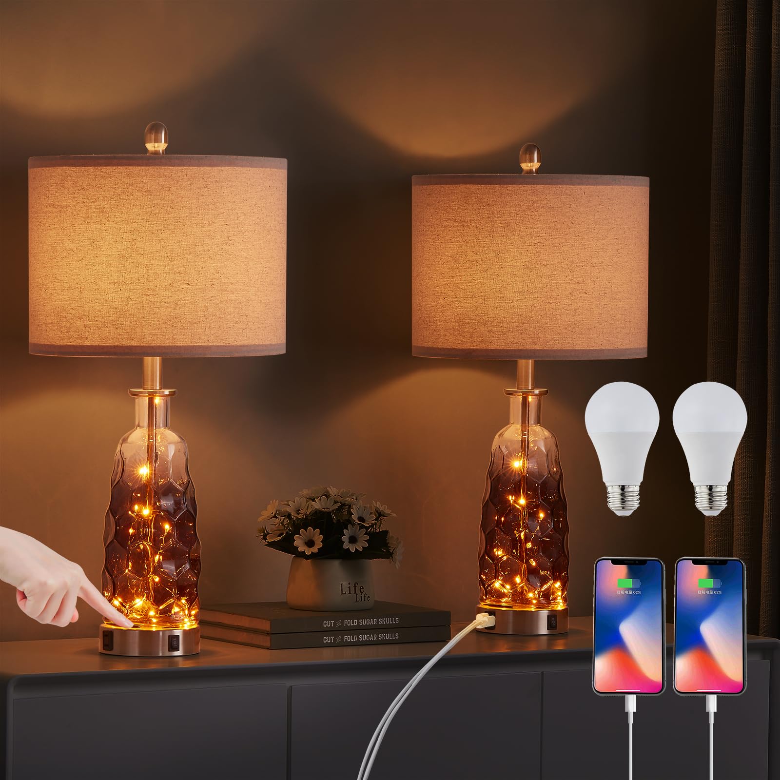 YAMEIWAN 28.7 Farmhouse Vintage Table Lamp Set of 2 with Daul USB Charging Ports QC3.0, 3-Way Dimmable Touch Lamp for Living Roo