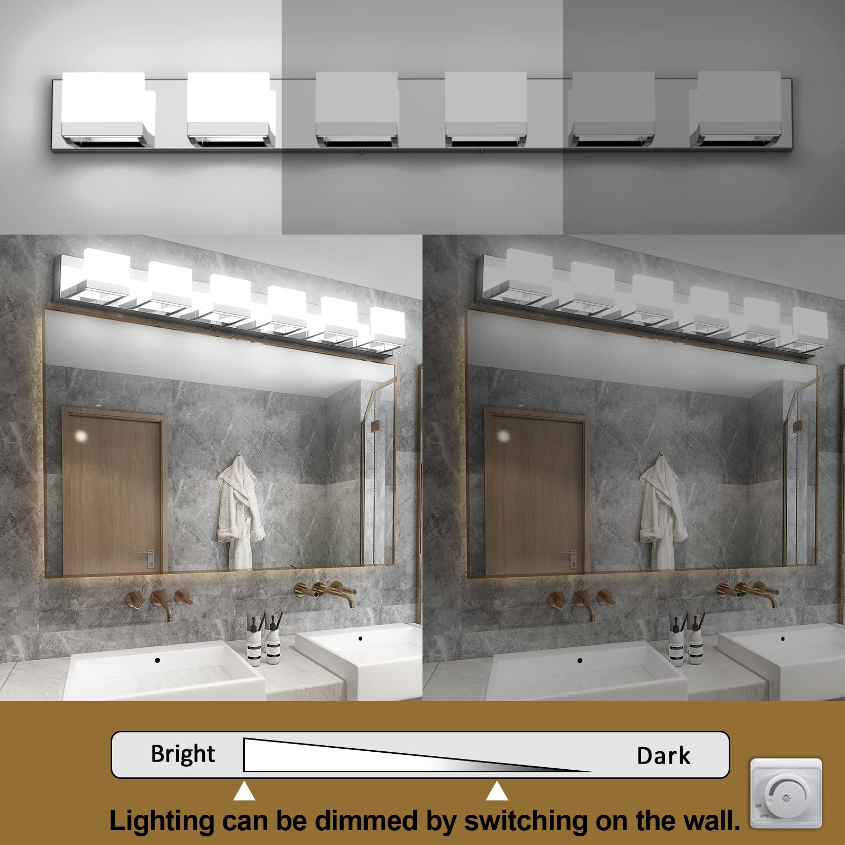 Tipace 6 Lights Dimmable Led Modern Vanity Lights For Bathroom, Chrome Bathroom Wall Light Fixtures Over Mirror (White Light 600