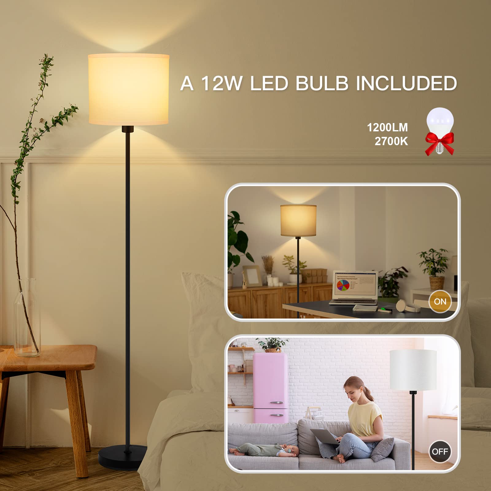 Auquee White Floor Lamp 59&quot; Tall, Simple Design With Bulb, Foot Switch - Kids & Living Room