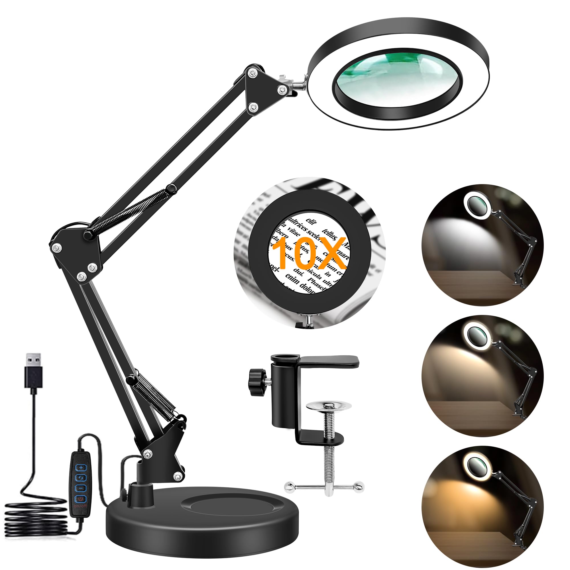 Hviww 10X Magnifying Glass with Light and Stand, 2-in-1 LED Magnifier Desk Lamp, 3 Color Modes 10 Level Dimmable, Hands-Free Lig
