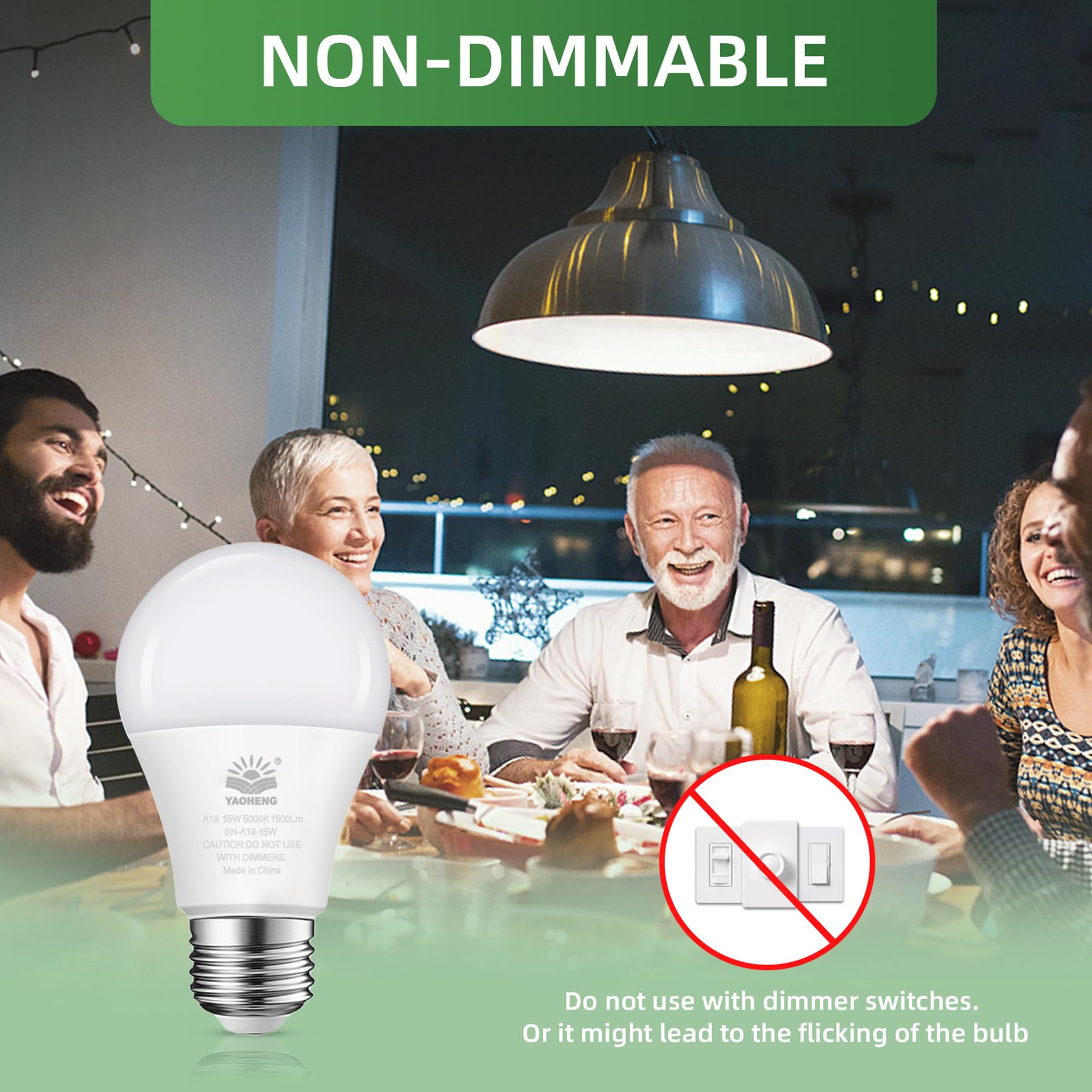 Yaoheng A19 Led Light Bulb, 100 Watt Equivalent Led Bulbs, 5000K Daylight White, 1500 Lumens, Standard E26 Base, Non-Dimmable 15