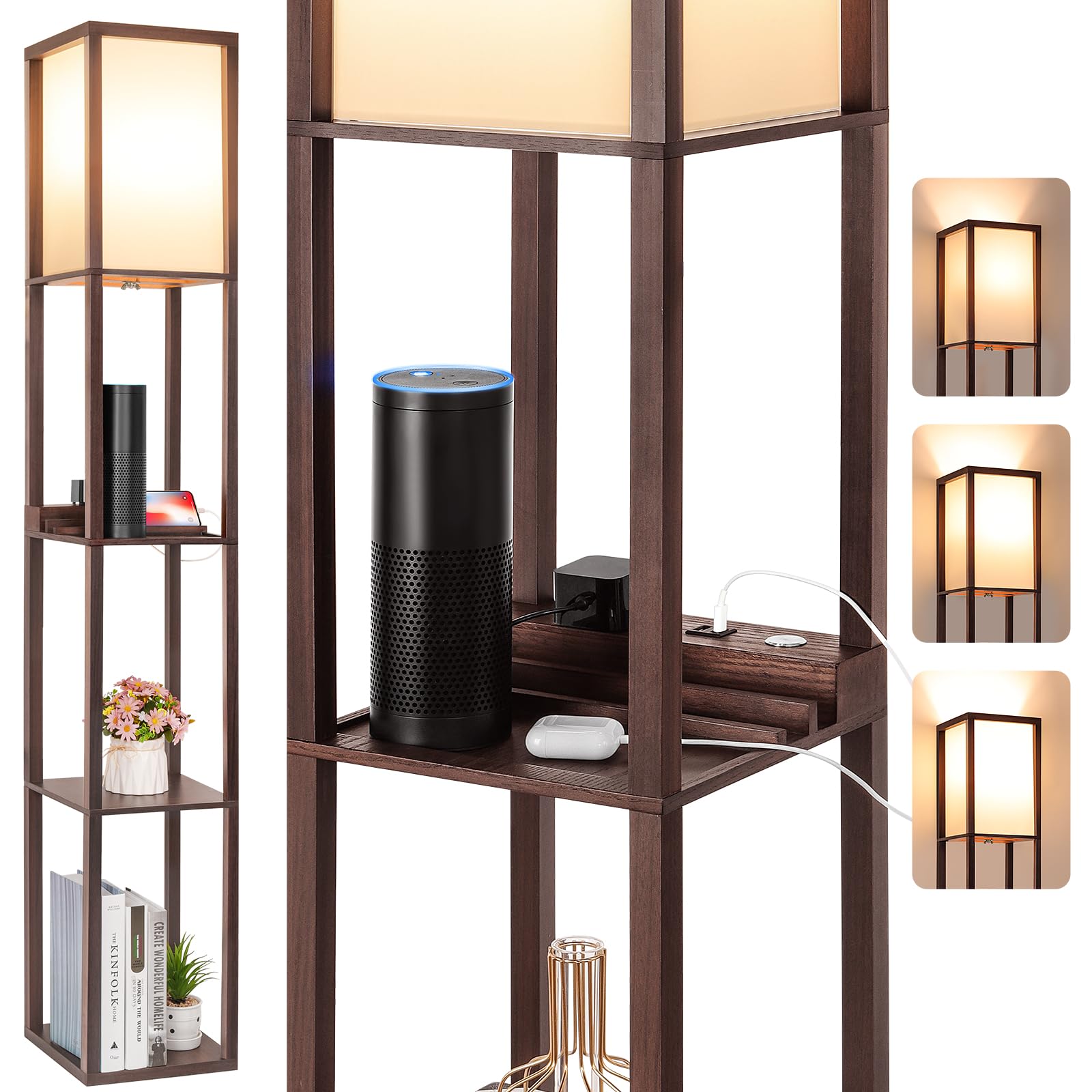 Folksmate Touch Control Shelf Led Floor Lamp With Shelves, Fast Charging Usb Ports,Type C Port And Power Outlet, Modern Dimmable
