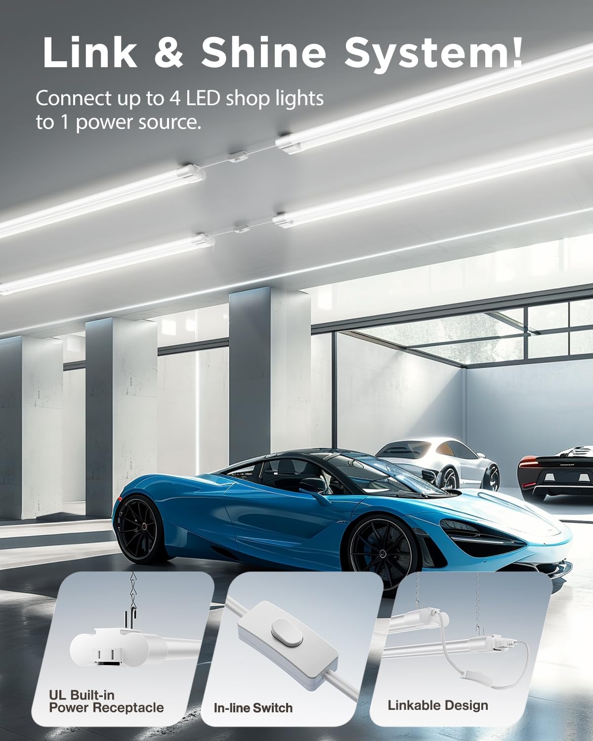 Sunco Linkable Led Utility Shop Light, 4500 Lm, 6000K Daylight Deluxe, 4 Ft, 48 Inch Integrated Fixture For Garage, 40W Equivale