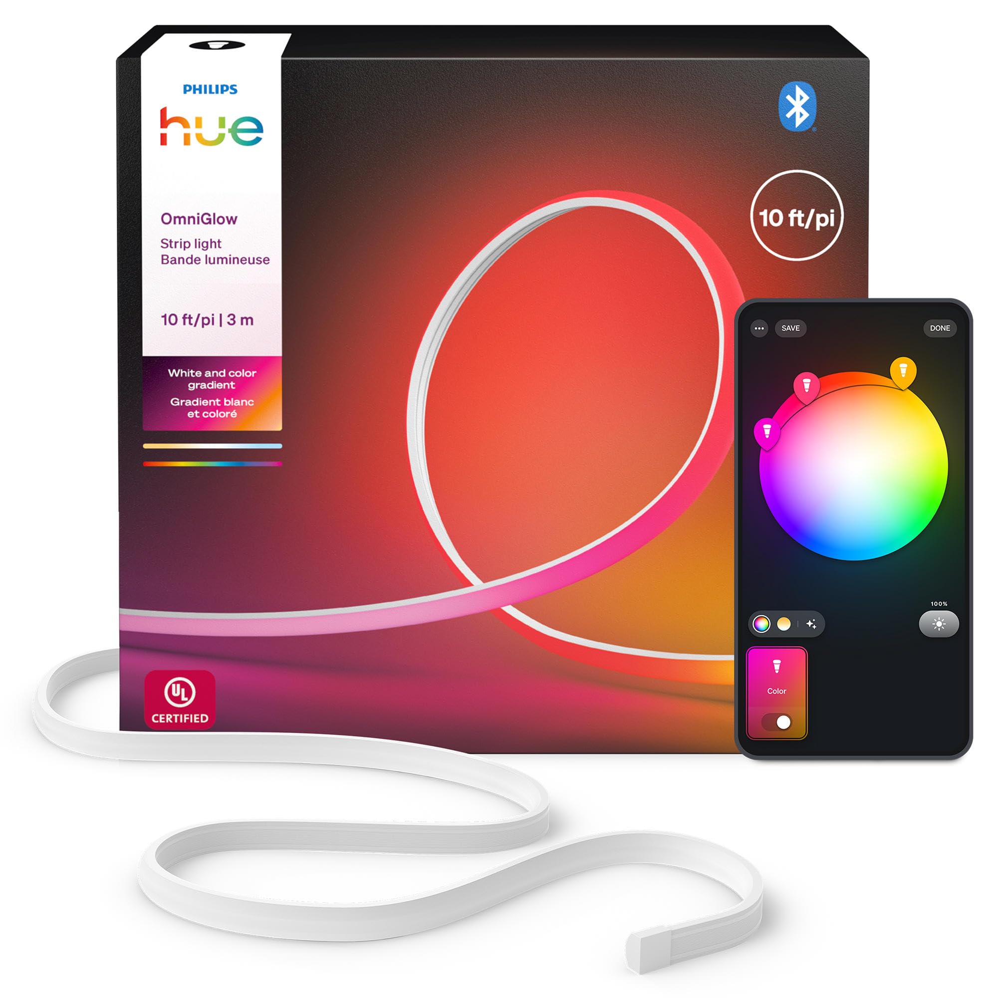 Philips Hue OmniGlow 9.8-Foot Micro LED Band Light  2700 lm  Vibrant Color and Ambiance  Flexible Indoor Lighting  Uniform Light  Cuttable  App and Voice Control