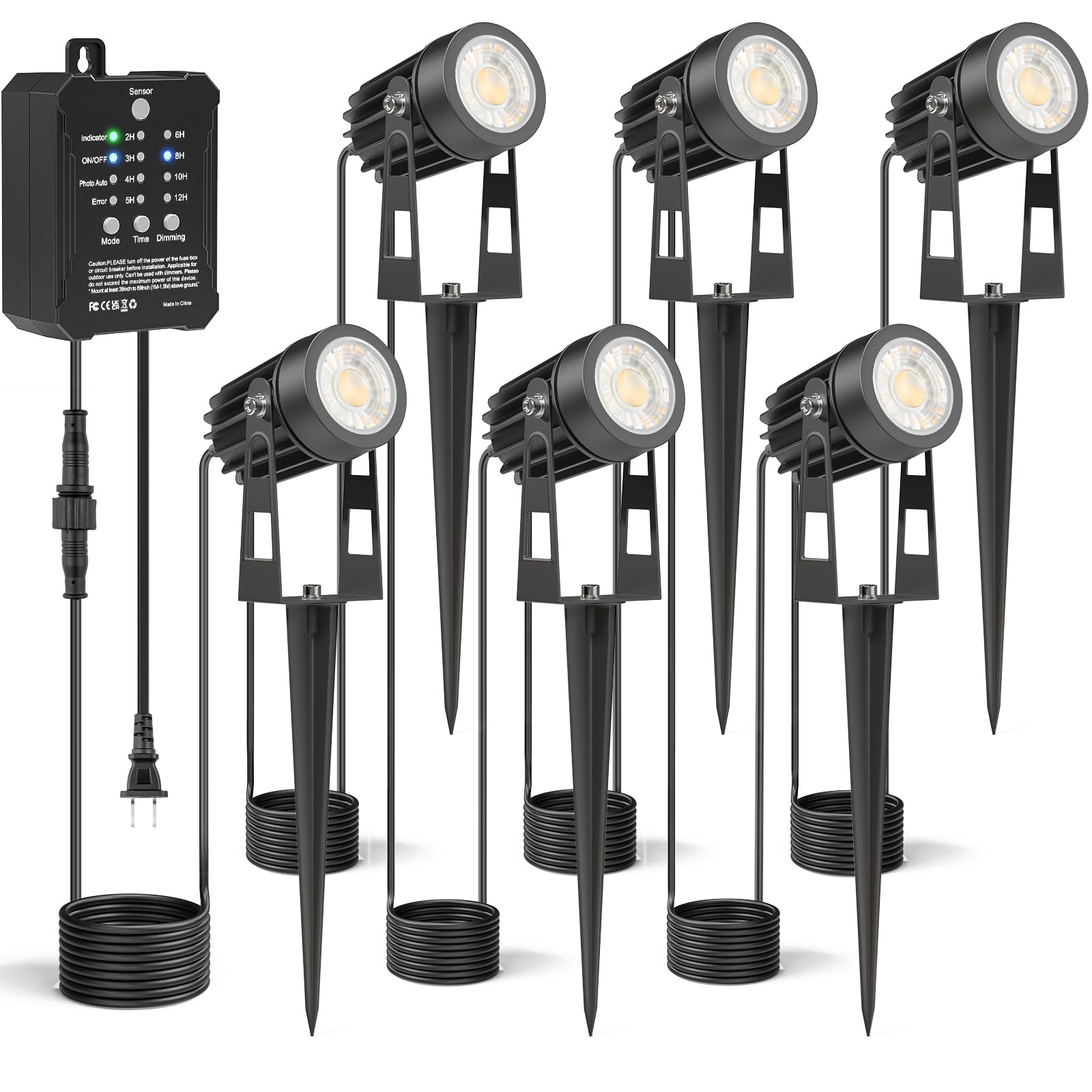 Hiboitec Low Voltage Landscape Lighting With Transformer Photocell Sensor And Timer Spotlights Kit 52Ft Etl Approved Wire Dimmable Waterproof 4000K For House Yard Trees Garden Plants Outdoor 6 Packs