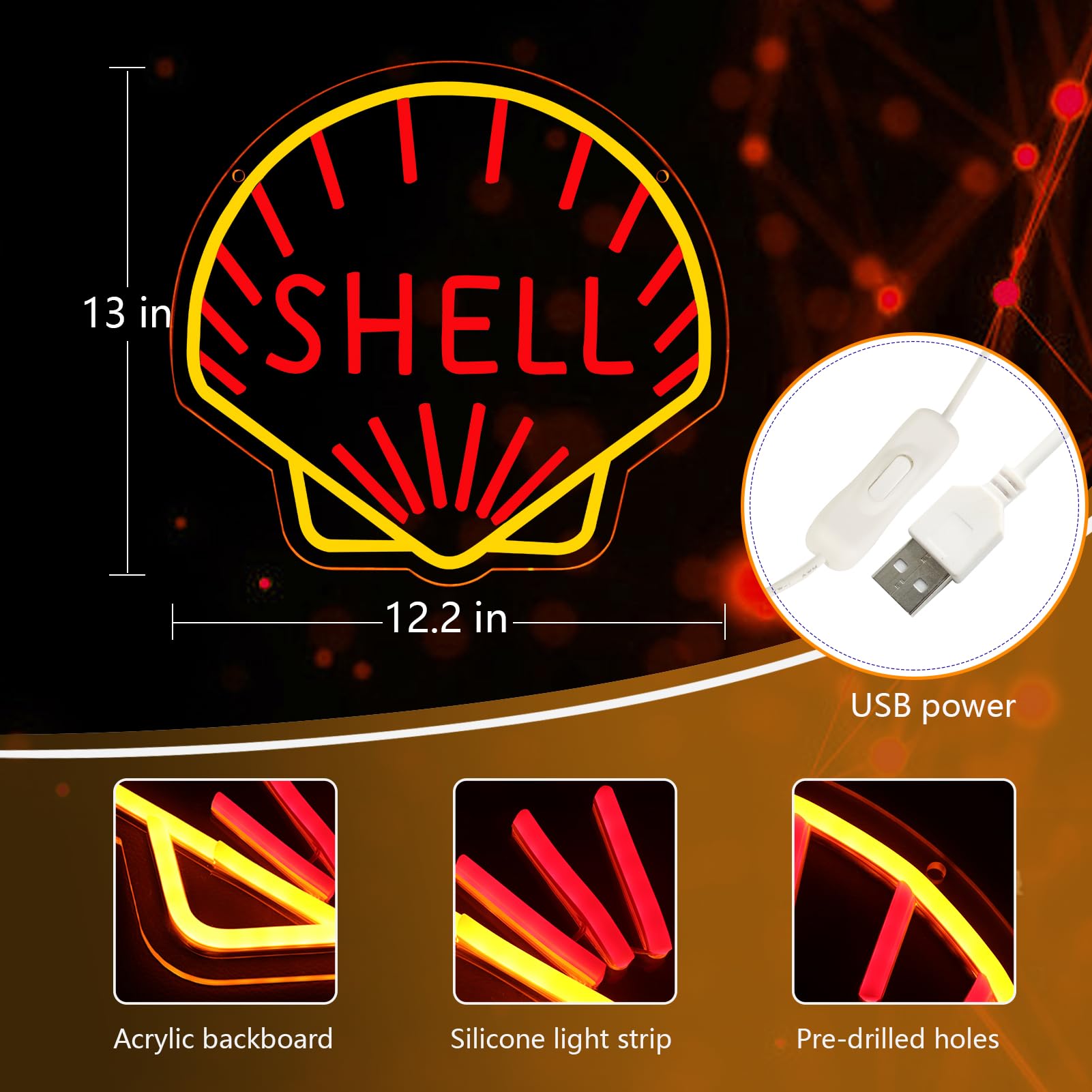 WonderfulLife Shell Logo Neon Sign, LED Garage Decor, 12x13 inches, Orange and Red, Plastic Material