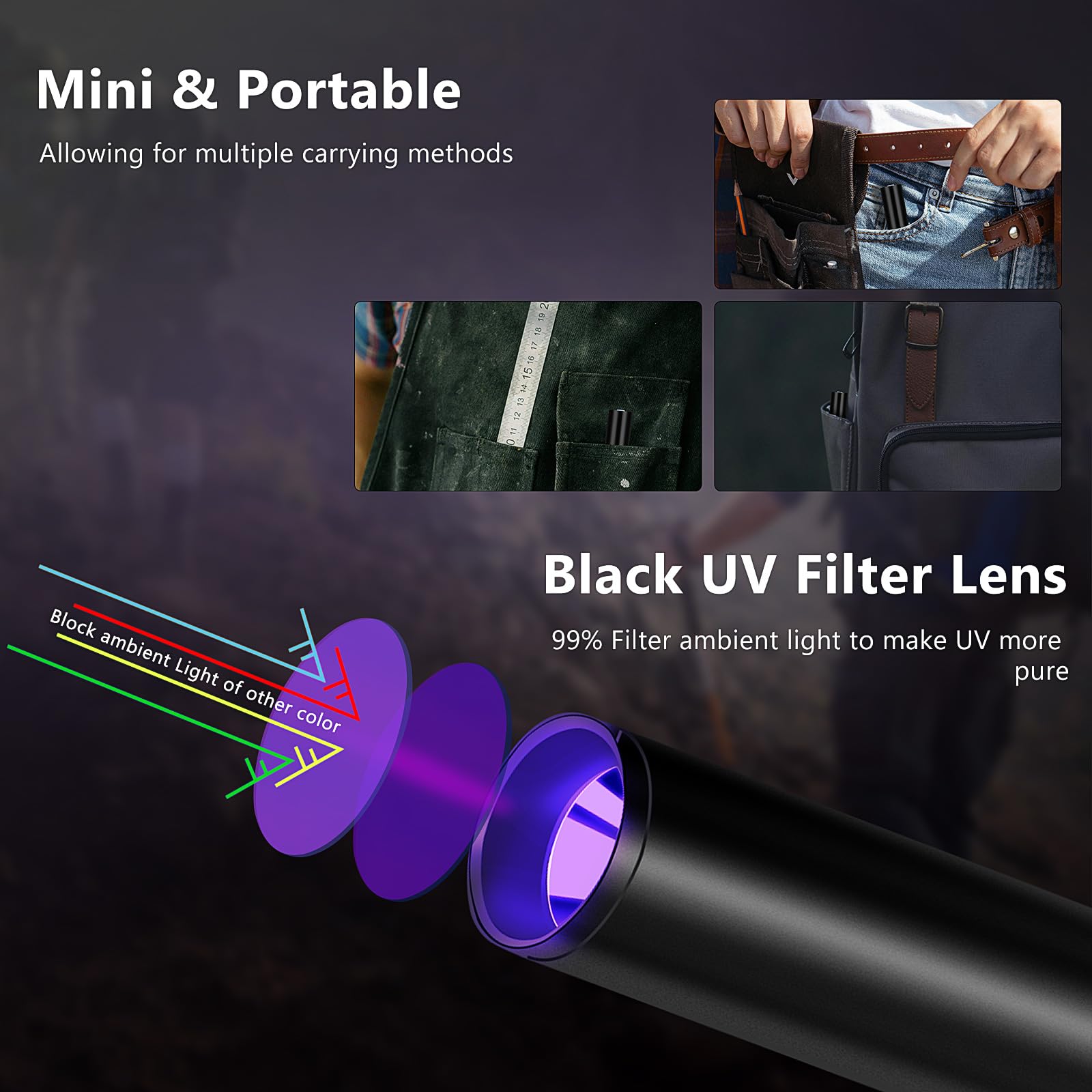 LUXNOVAQ UV Flashlight 365nm & 395nm, Mini Rechargeable Black Light, Aluminum, 4 Pack