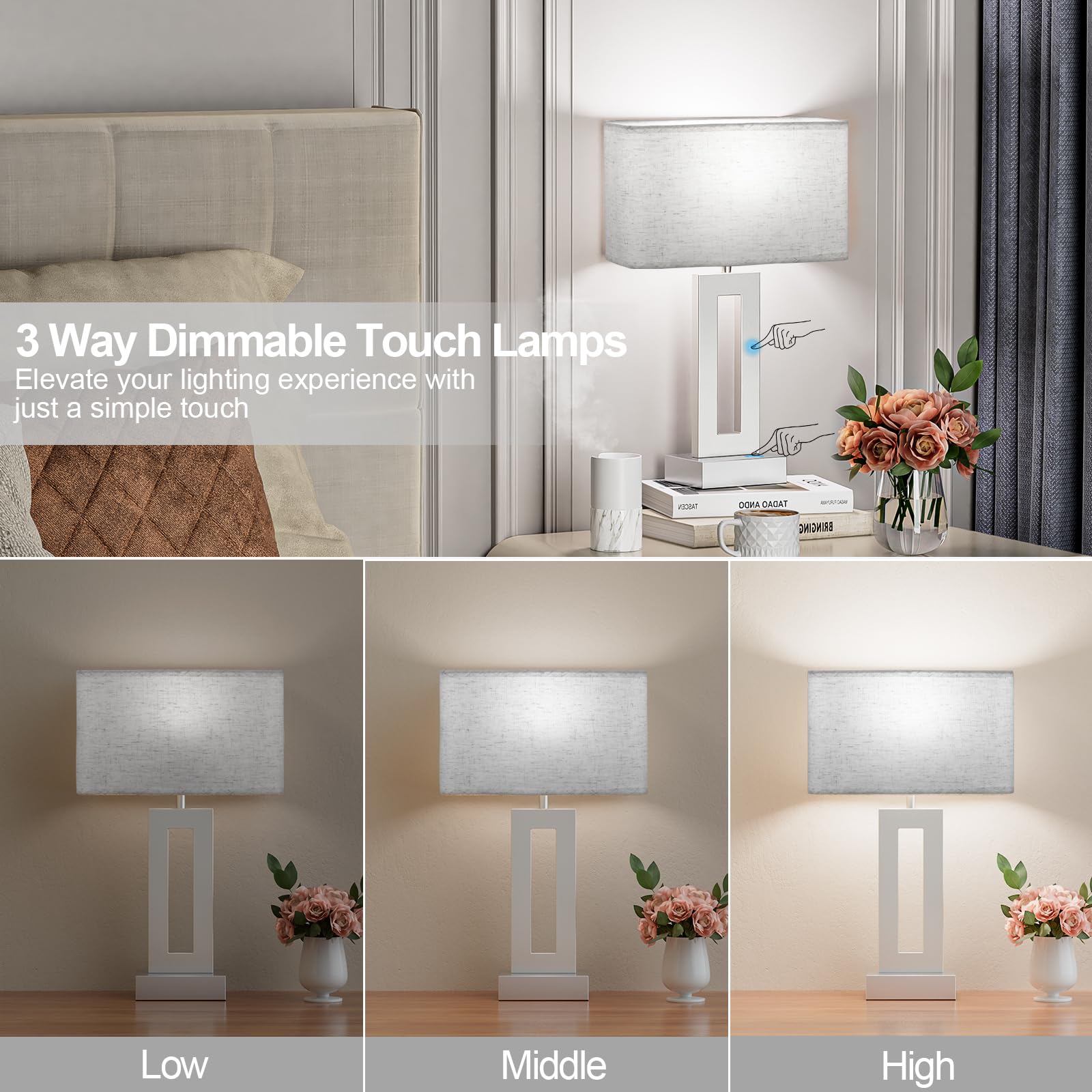 Bedroom Table Lamps Set Of 2 - Beige Silver Touch Bedside Lamps With Usb C+A, 3 Way Dimmable Gold Lamp For Nightstand, Modern Ni