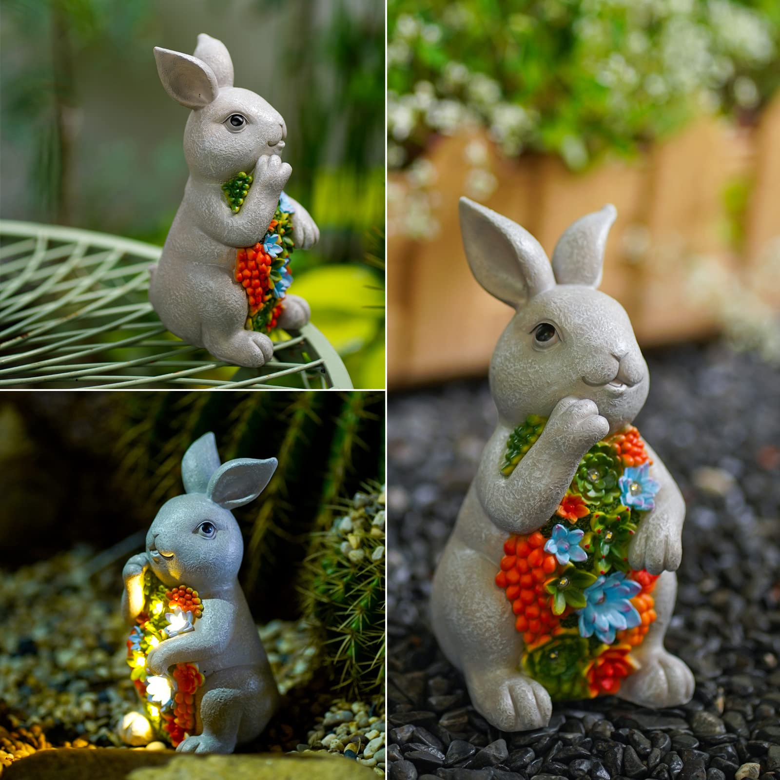Nacome Solar Garden Bunny Statue With Succulent & Led Lights - Outdoor Lawn Decor, Light Grey