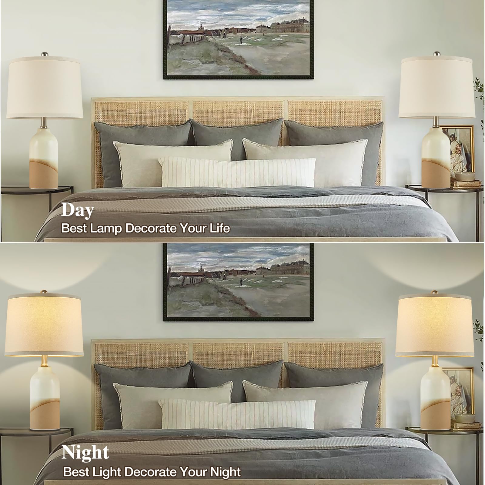 Luvkczc Ceramic Table Lamp Set Of 2, 3-Color Temperature Adjustable Bedside Lamps With Line Lampshade, Nightstand Lamps For Bedr
