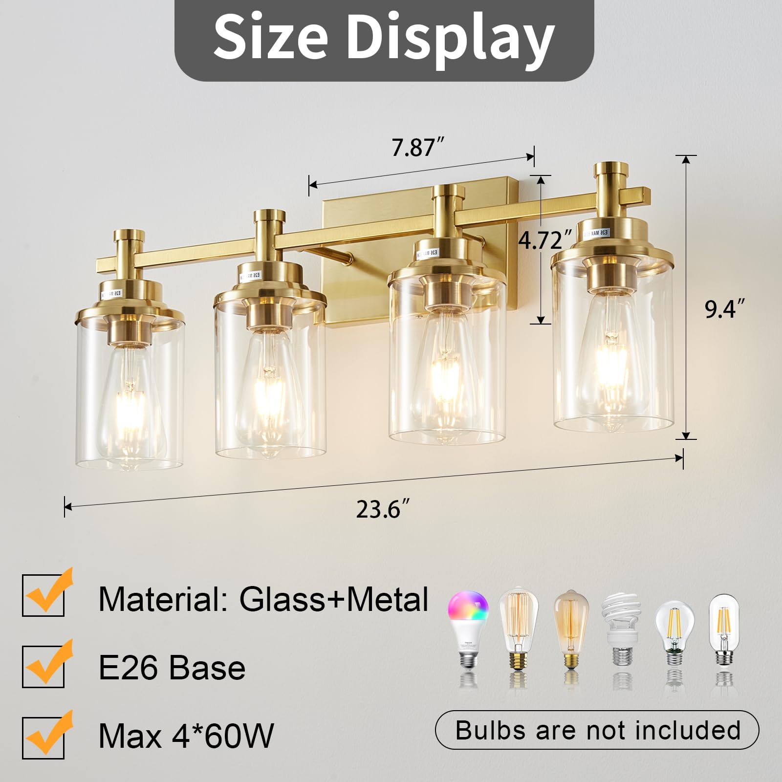 Aixialin 4 Light Brushed Brass Bathroom Vanity Light Over Mirror, Gold Bathroom Light Fixtures, Vintage Wall Sconce With Clear G