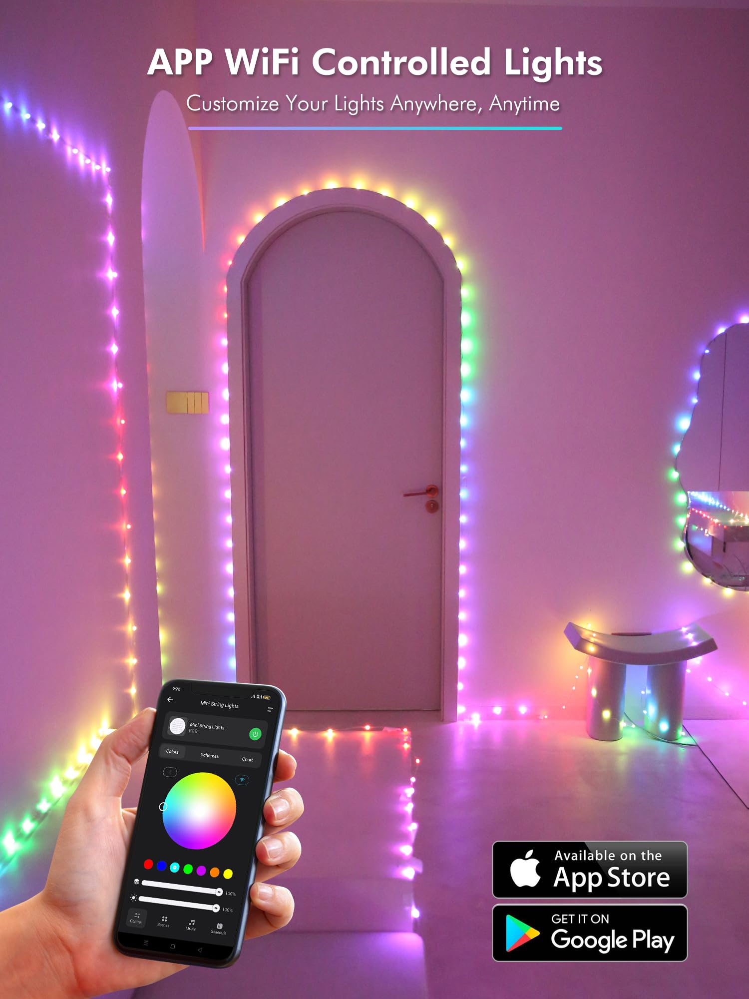 BrizLabs Smart Fairy Lights, 100 LED Color Changing, 33ft Dimmable RGB, Silver Wire, Model SLRGB016