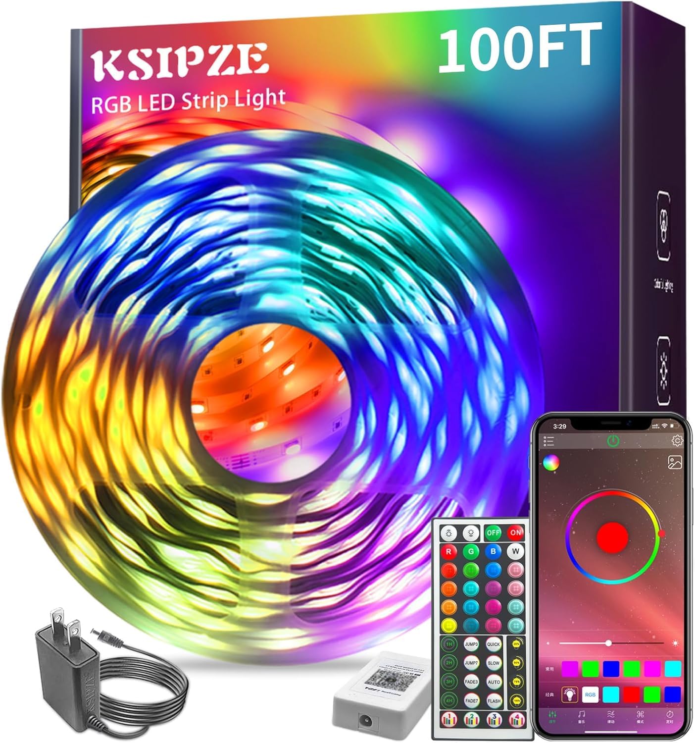 KSIPZE LED Strip Lights, 100ft (2x50ft), RGB, Music Sync, Bluetooth Control, Flexible Home Decor, Model ST52_N12430US_LY