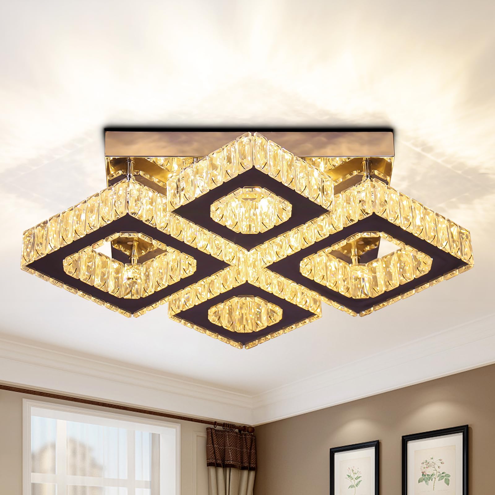 xychfantligh 22 Crystal Chandelier Square Flush Mount Ceiling Light Modern LED 4 Lights Crystal ChandelierLight for Dining Room Bedroom Kitchen Warm White