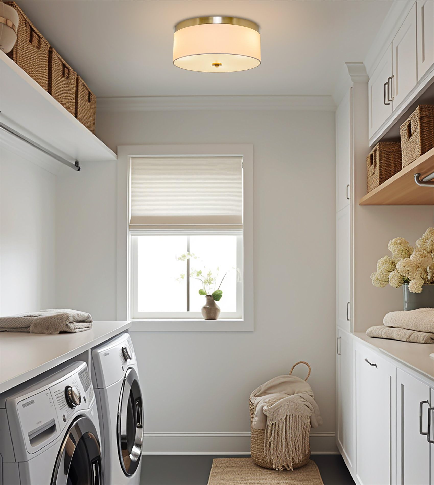 Kira Home Walker 20'' Large Mid-Century Modern 3-Light Flush Mount Ceiling Light, White Fabric Shade + Round Glass Diffuser, Coo