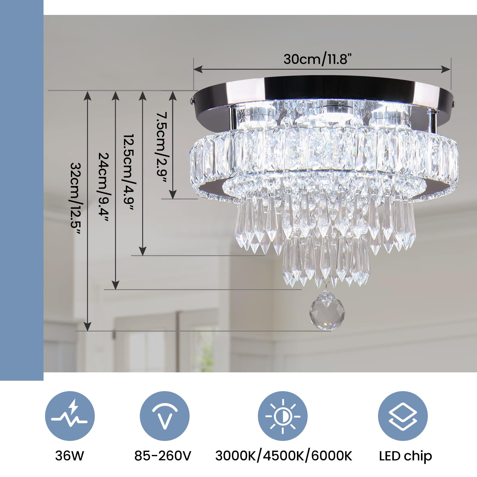 LEONTYNE Modern Crystal Dimmable LED Chandelier Light, 11.8 inch Flush Mount Ceiling Fixture, Remote Control, MC002-D-New, Color MC002-D-New