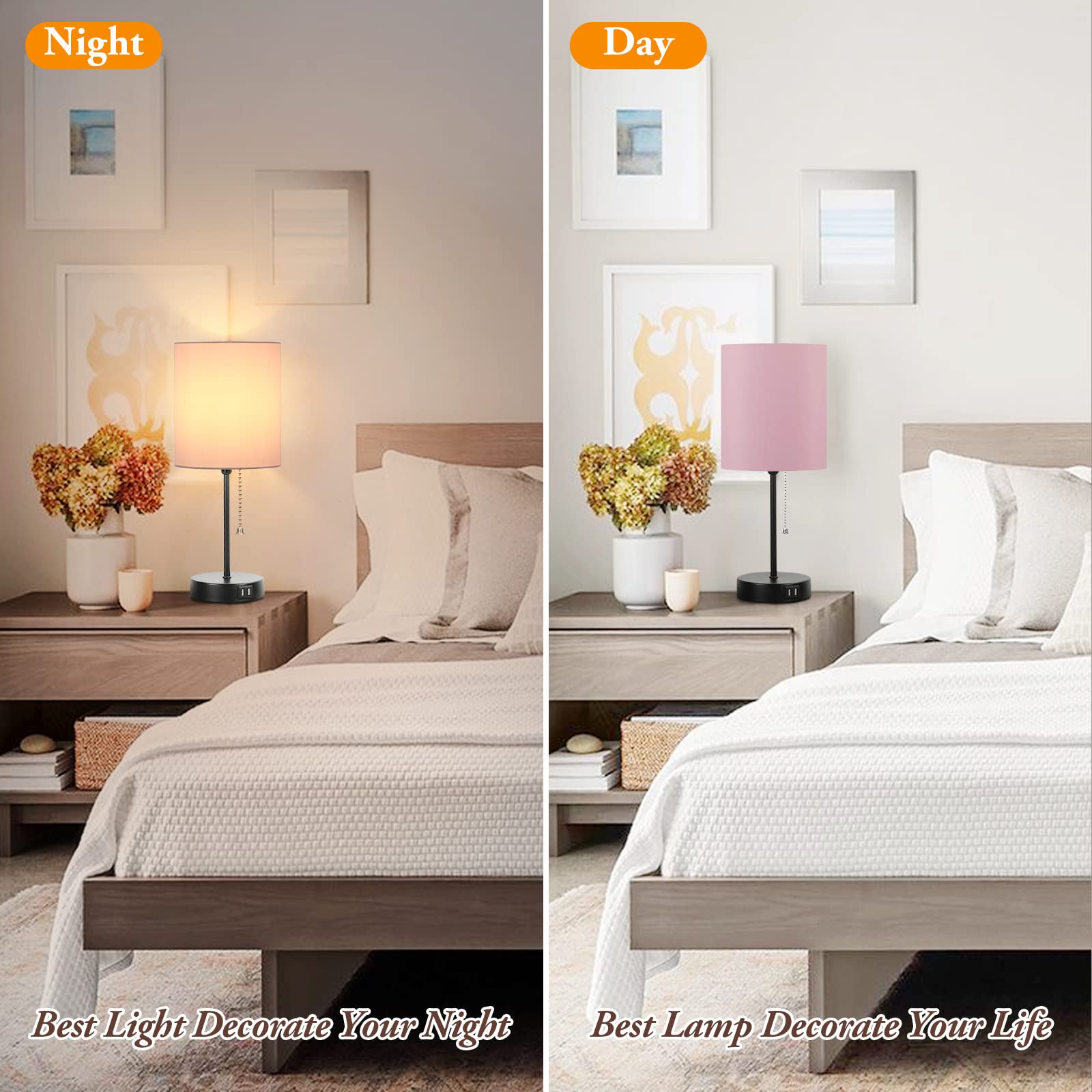 Table Lamps Set Of 2 With Usb Charging Ports, Pink Bedside Lamps With Ac Outlet, Nightstand Lamps With Pull Chain Switch, Minima