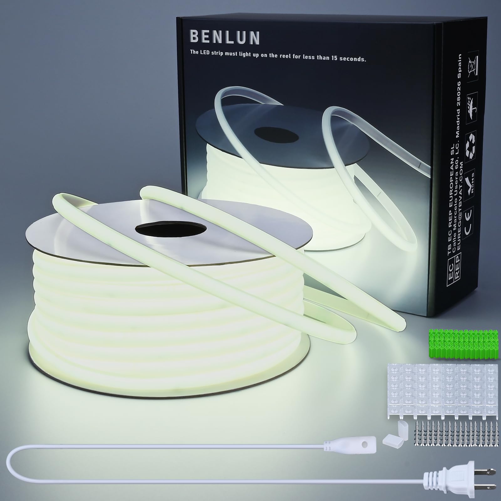 BENLUN AC 110V COB LED Band Lights 98.4ft  6000K Cool White LED Rope Light Outdoor Waterproof  10W/M CRI 90+ Flexible Cuttable  for Bedroom  Living Room  Garden  Commercial  House