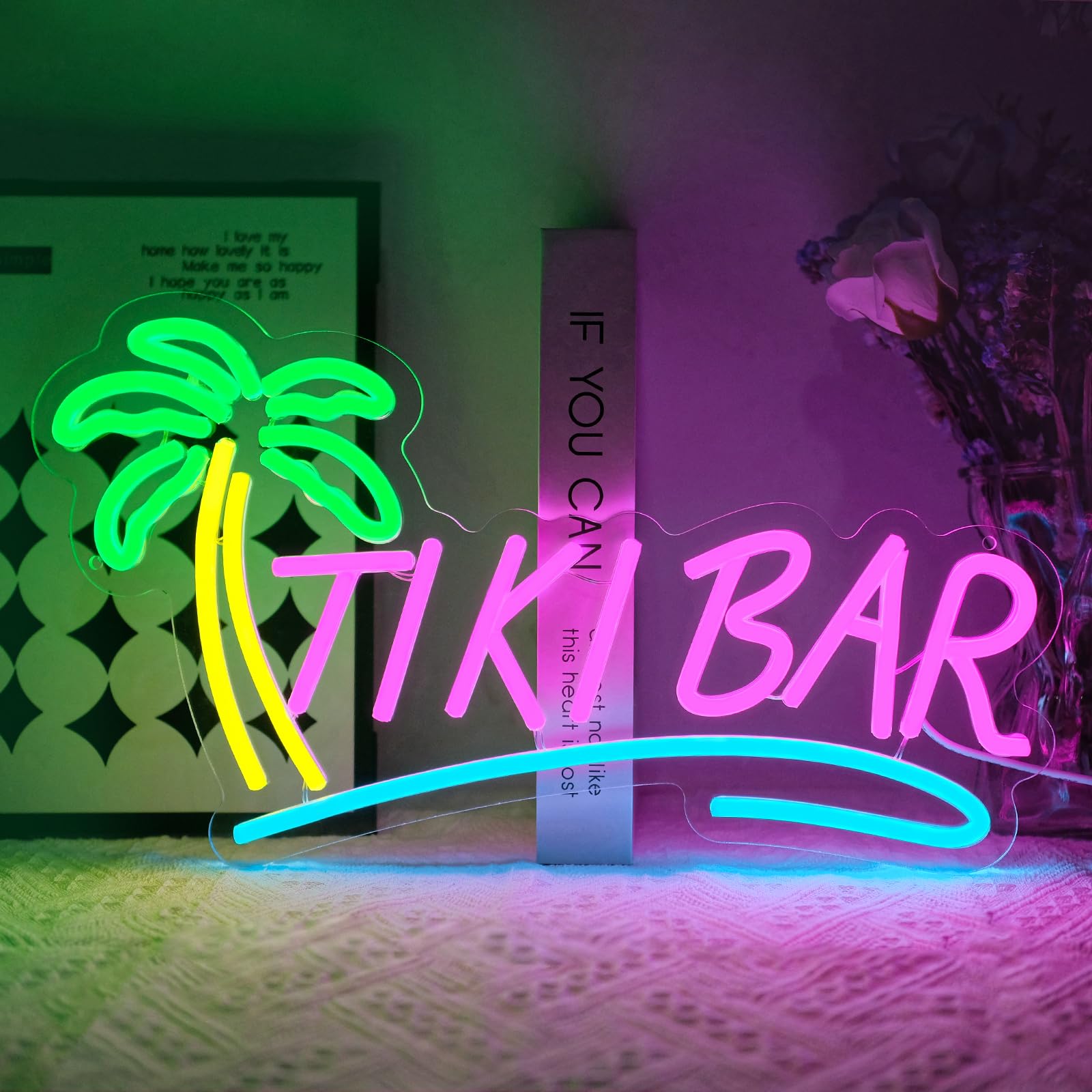 Virlusy Tiki Bar Neon Sign - Dimmable LED Wall Decor, 12-16 inches, Acrylic, Pink Yellow Green Blue