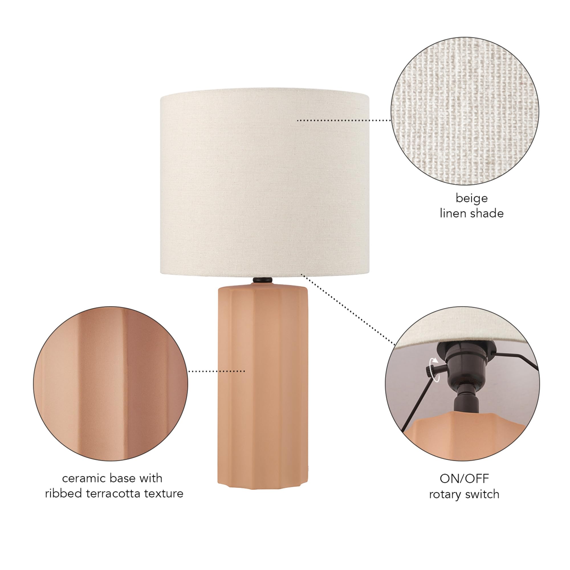 Globe Electric 20in Ribbed Ceramic Table Lamp, Matte Terracotta, White Linen Shade, Model 61000062