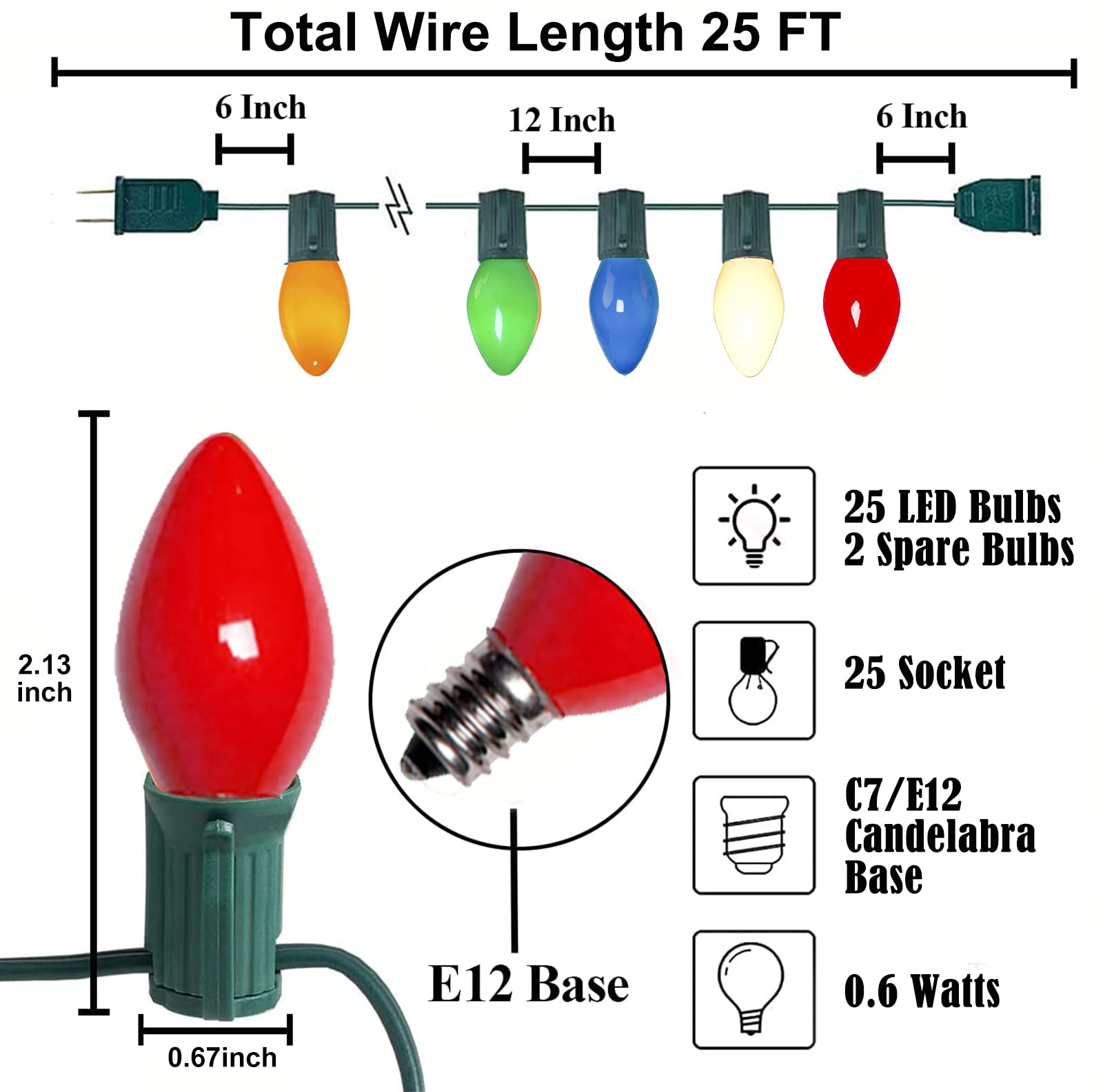Pallerina C7 LED Christmas String Lights 25Ft Multicolor with 27 Ceramic Bulbs, E12 Base for Outdoor Tree Decor