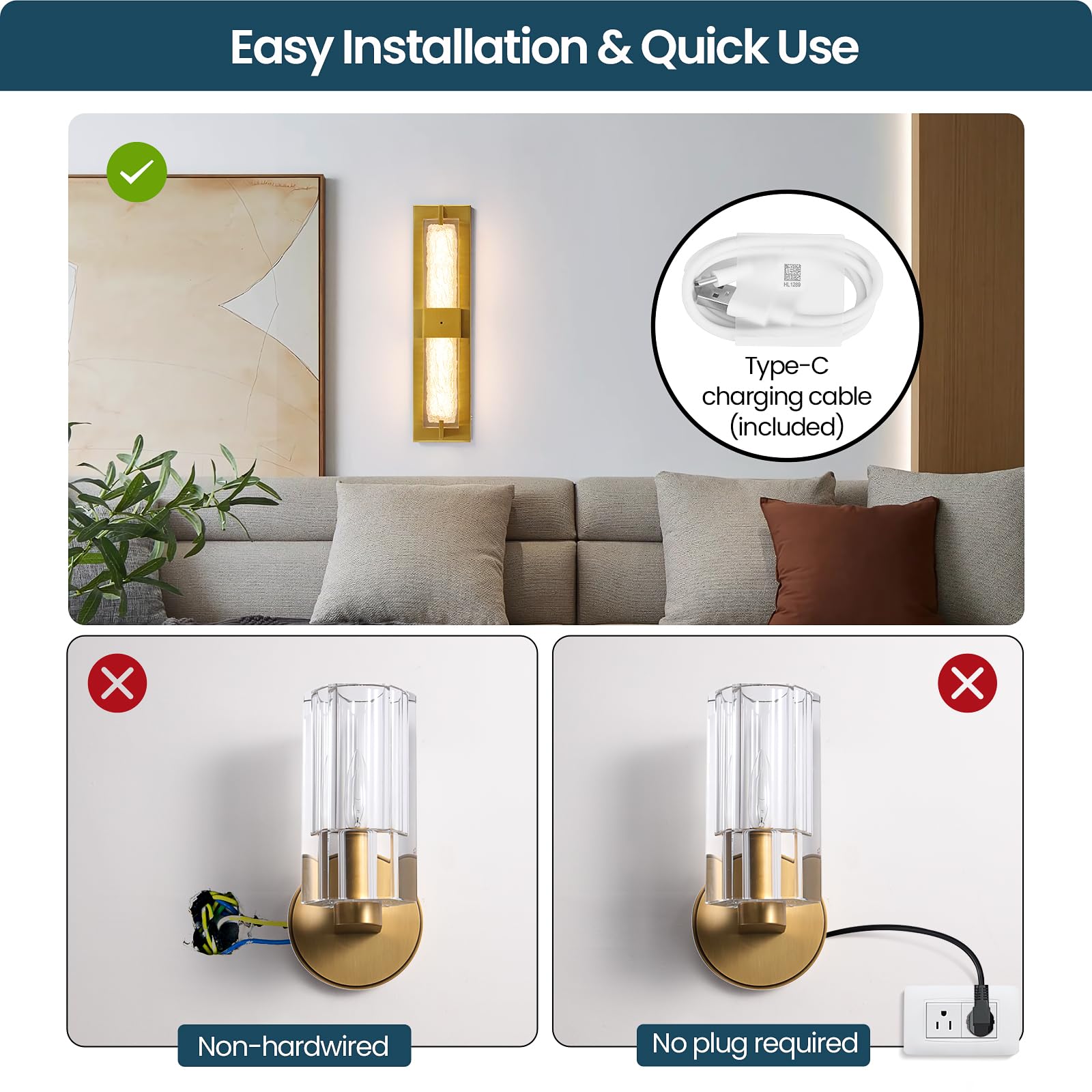 WOSHITU Battery Operated Wall Sconce - 19" Gold Dimmable LED Light, Wireless Rechargeable, Iron Modern Fixture for Living Room, Bedroom, Bathroom
