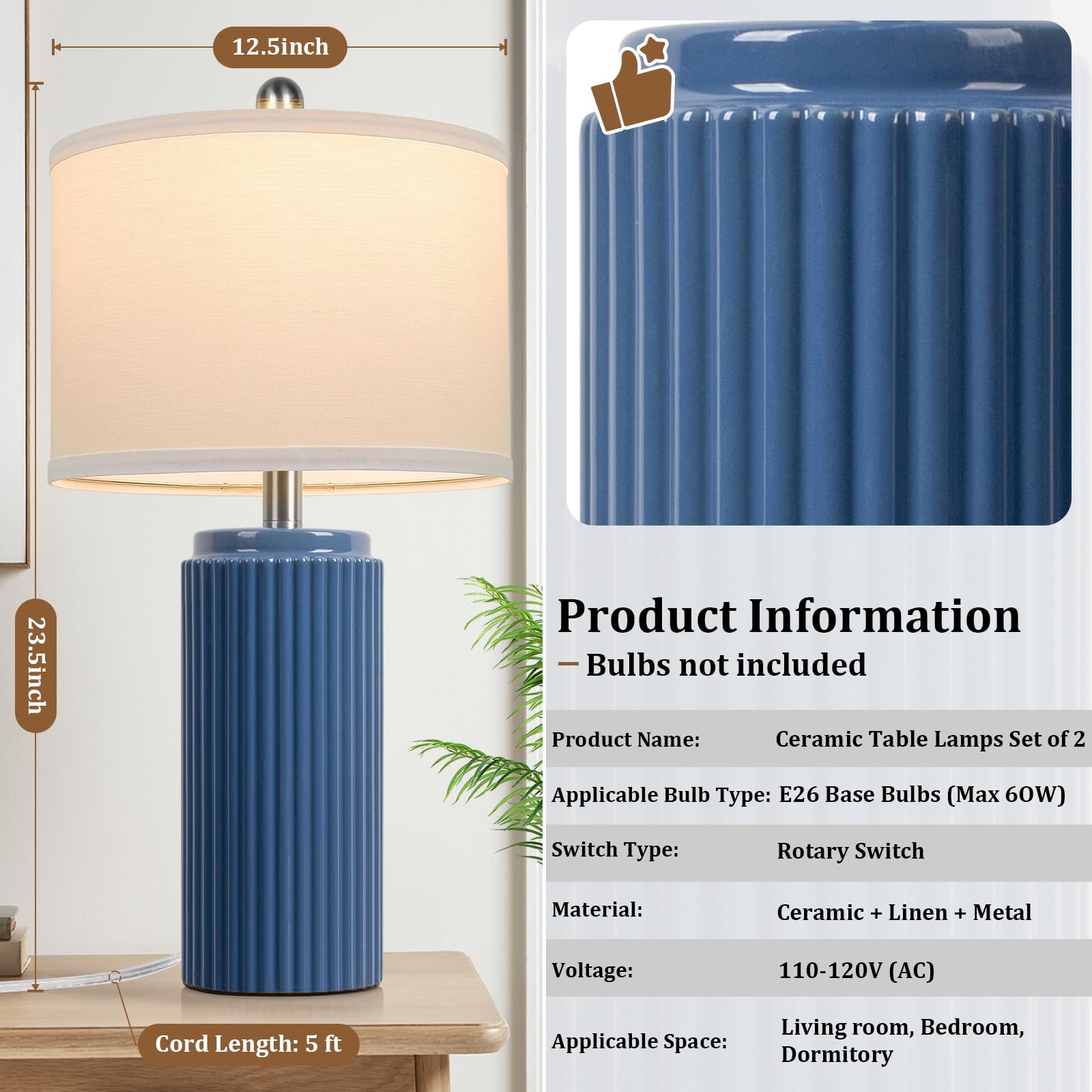 TOBUSA Blue Table Lamps Set of 2, Modern Ceramic Bedside Nightstand Lamps, 23.5’’ Height, White Shade, Model TB0309