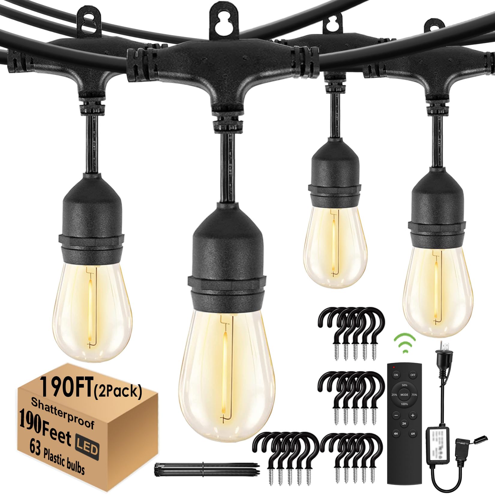 Skeerei 190FT Remote Controlled Outdoor String Lights Patio String Lights for Outside, 60+3 Shatterproof S14 Warm Lights String 