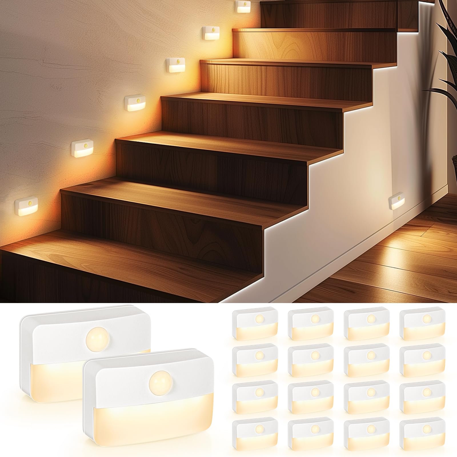 Guankai Motion Sensor Stair Light, 16 Pack, Battery Operated, Warm White, Plastic, Model 0003A5, Indoor Use, Portable Night Lamps