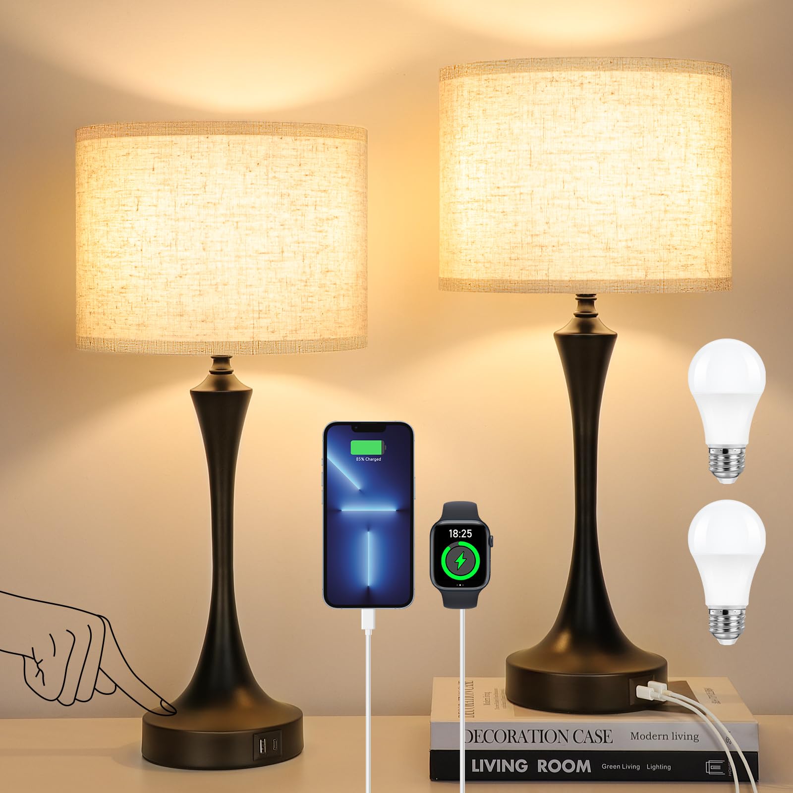 Ggoying 22    Set Of 2 Touch Control Table Lamp With Usb A+C Ports, 3-Level Dimmable Bedside Lamp With Fabric Lampshade, 3000K L