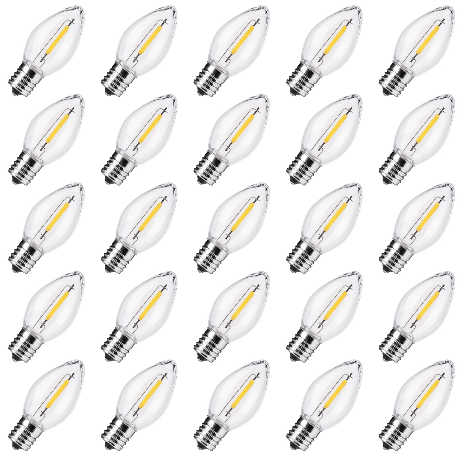 Minetom C7 LED Replacement Bulbs, Warm White Transparent, Shatterproof, 50 Count, C7/E12 Base for Christmas Lights