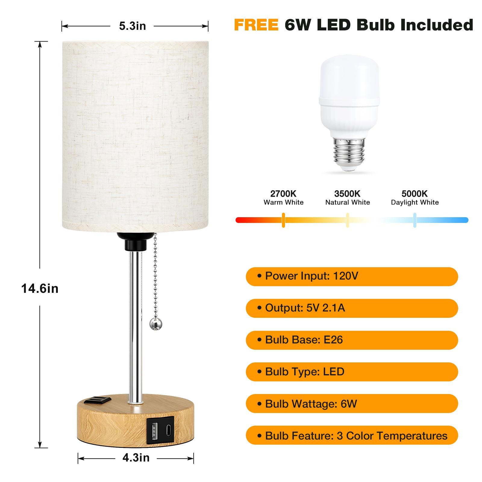 Small Bedside Lamp For Bedroom Nightstand - Table Lamp With Usb C And A Port, Pull Chain Bed Lamp With Ac Outlet, Nightstand Lamp With Wood Base For Kids Reading, Desk Lamp For Living Room/Dorm Room