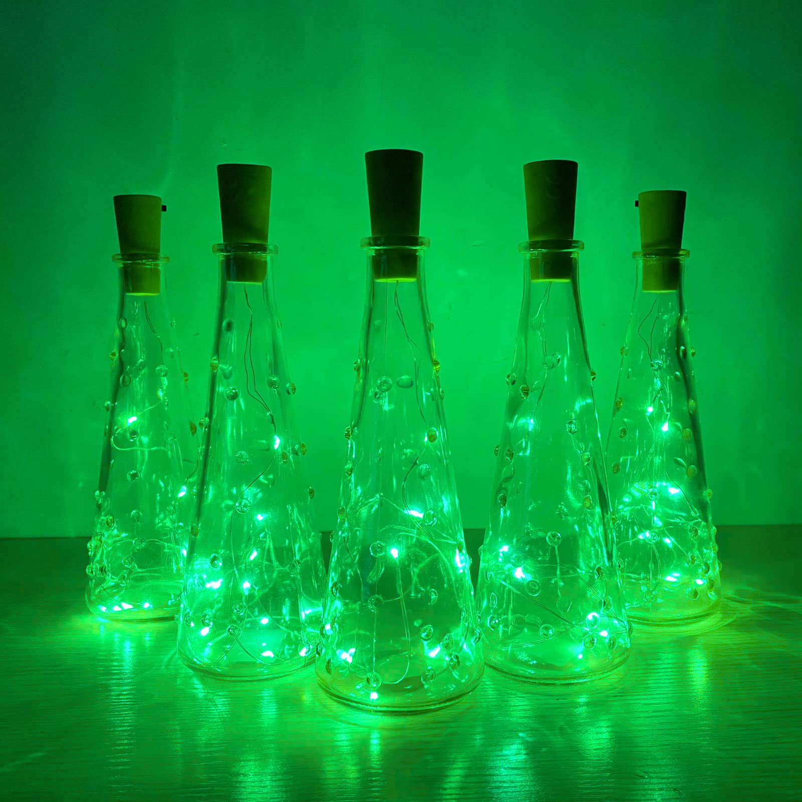 SmilingTown Wine Bottle Cork Lights, 15 Pack, 10 LED, 40 Inches, Battery Operated, Green, Copper Wire Fairy Lights for Decoration